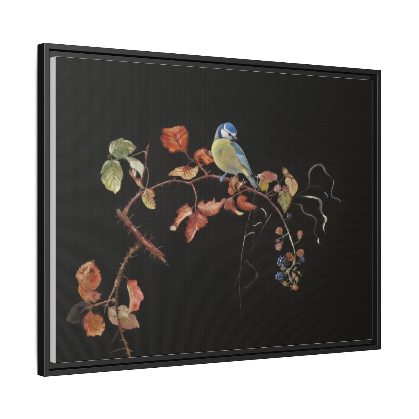 Framed Matte Canvas - Blue Tit on Autumn Branch Wall Art