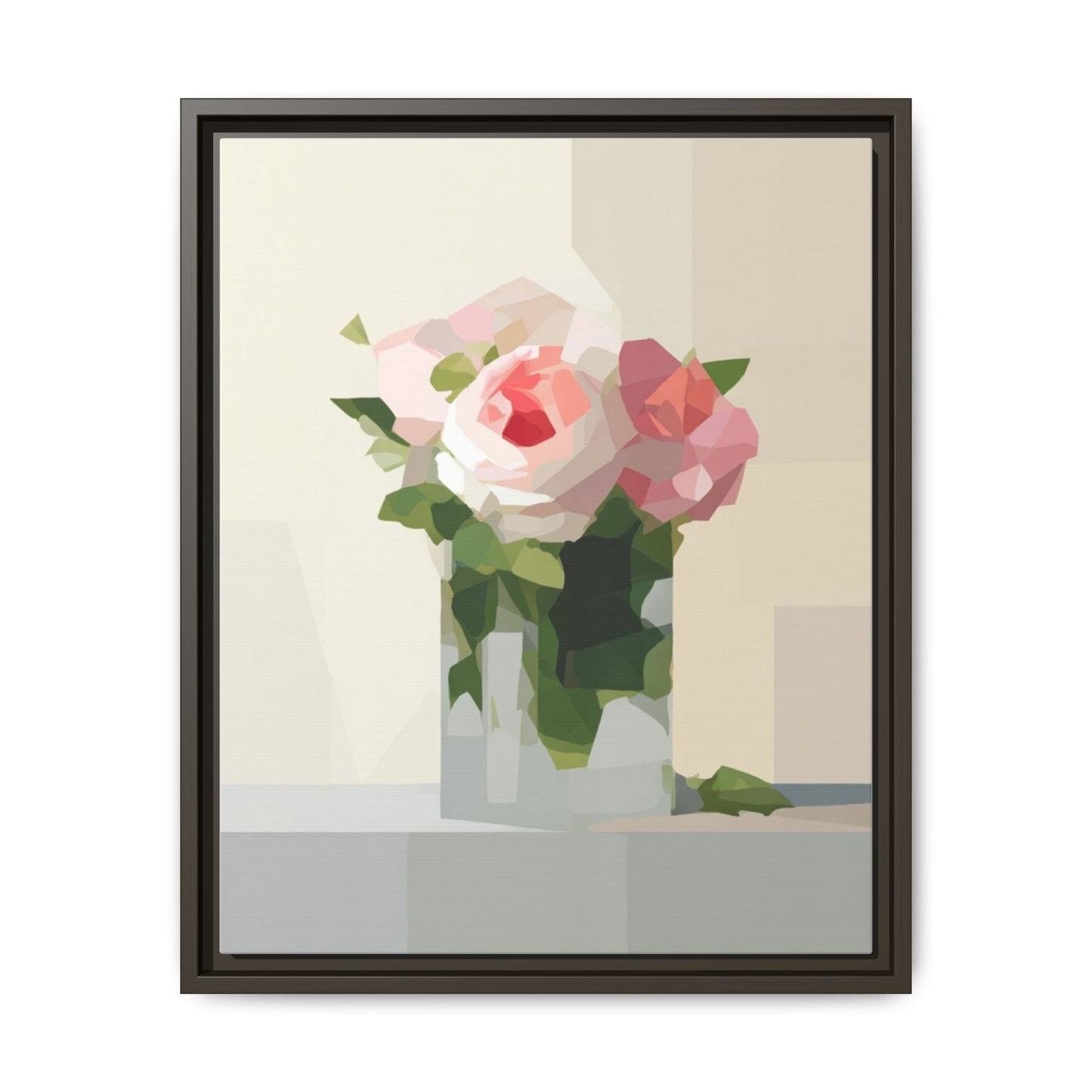 Framed Floral Canvas Print — Geometric Pink Rose Wall Art