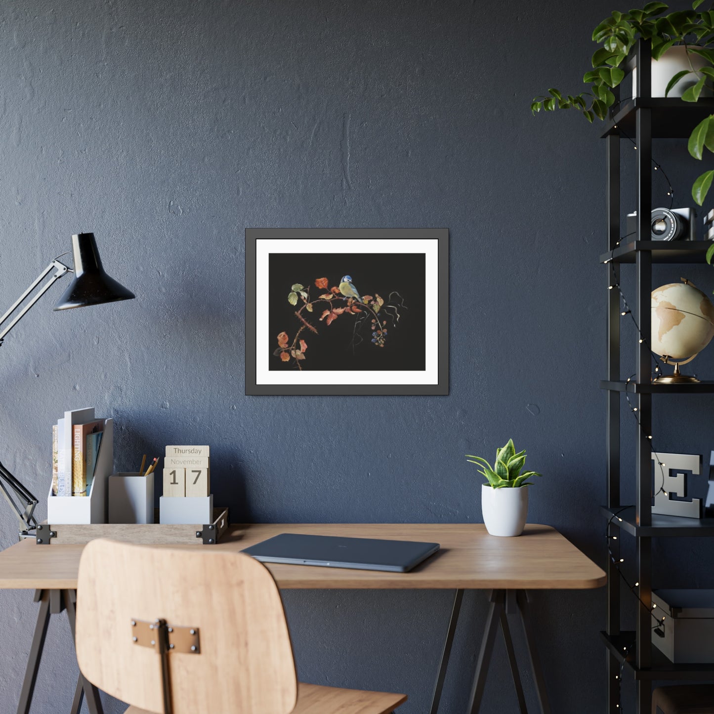 Framed Bird Print Poster — Vintage Botanical Bird Illustration on Black