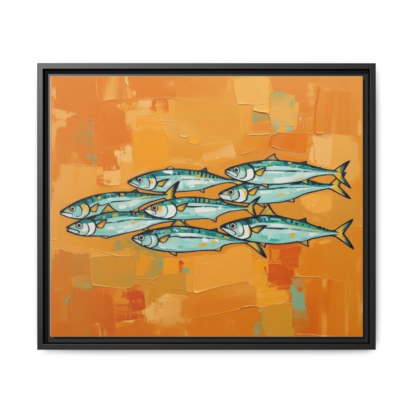 Framed Matte Canvas Print — School of Blue Fish on Orange Abstract Background