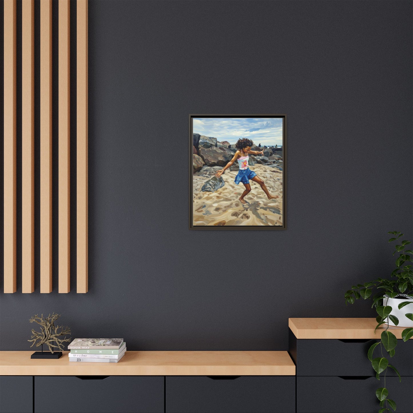 Framed Canvas Art - Girl Dancing on the Beach (Matte Multi-Color)