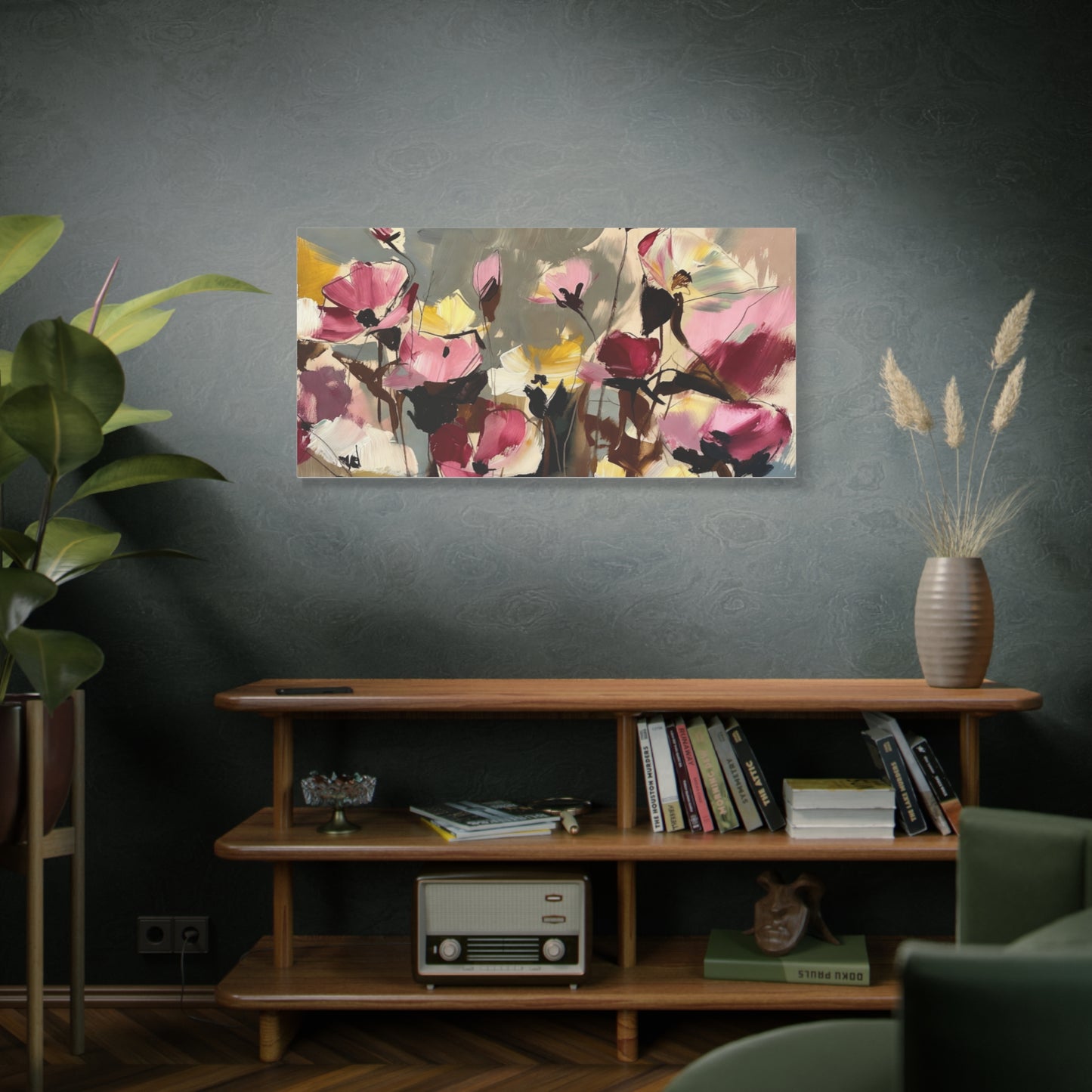 Floral Abstract Canvas Wall Art — Pink & Yellow Bloom Stretched Matte Print