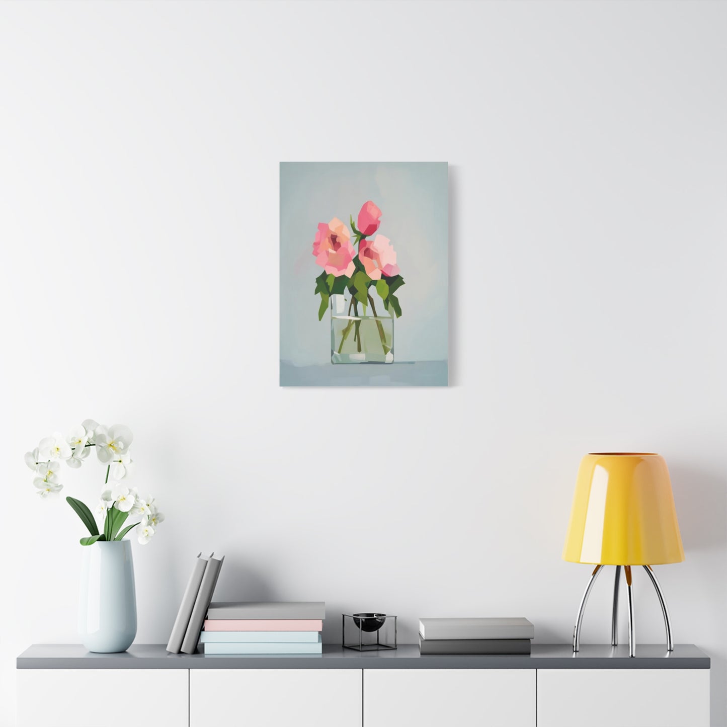 Pink Roses in Square Vase - Matte Stretched Canvas Wall Art