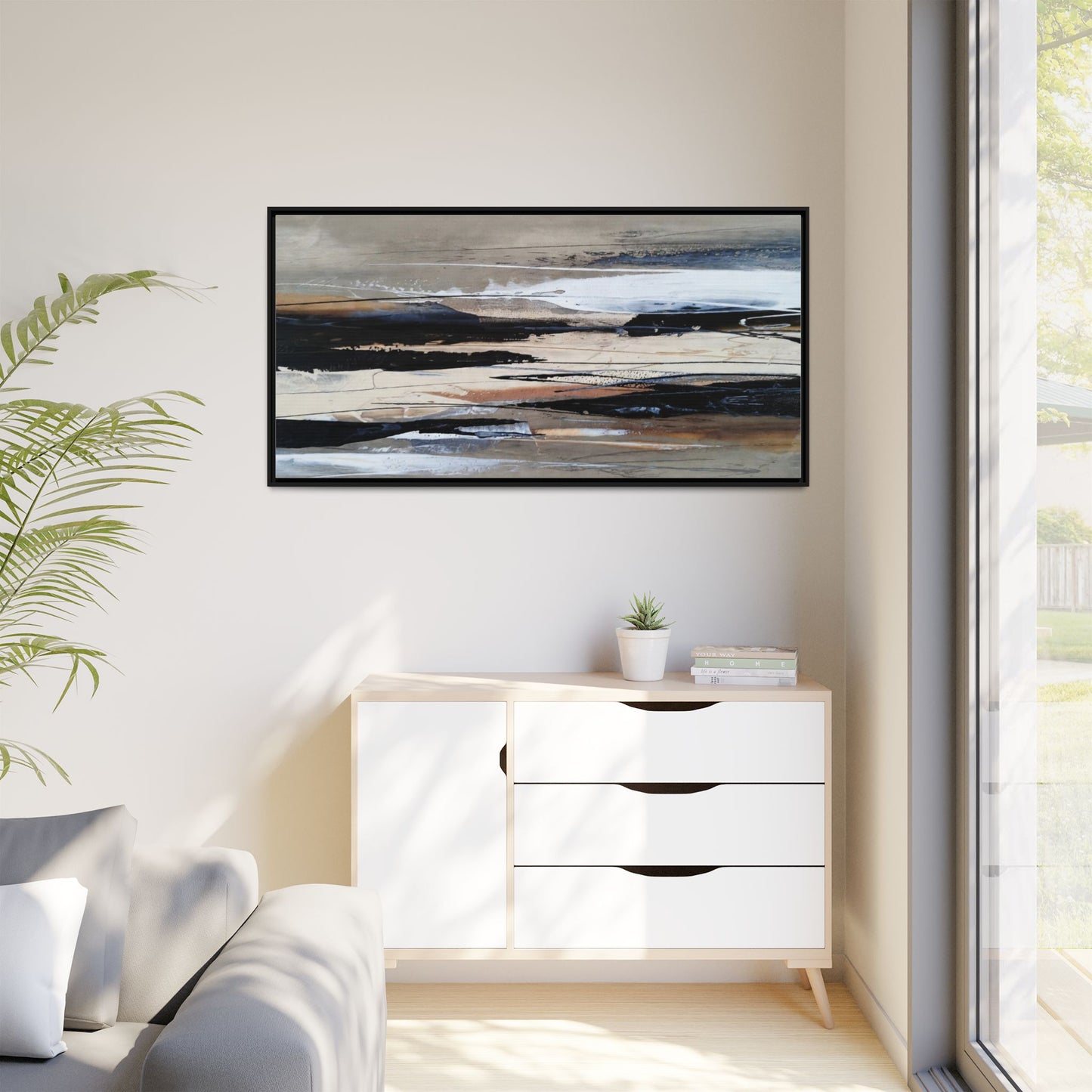 Abstract Seascape Matte Canvas Framed Wall Art — Neutral Coastal Landscape