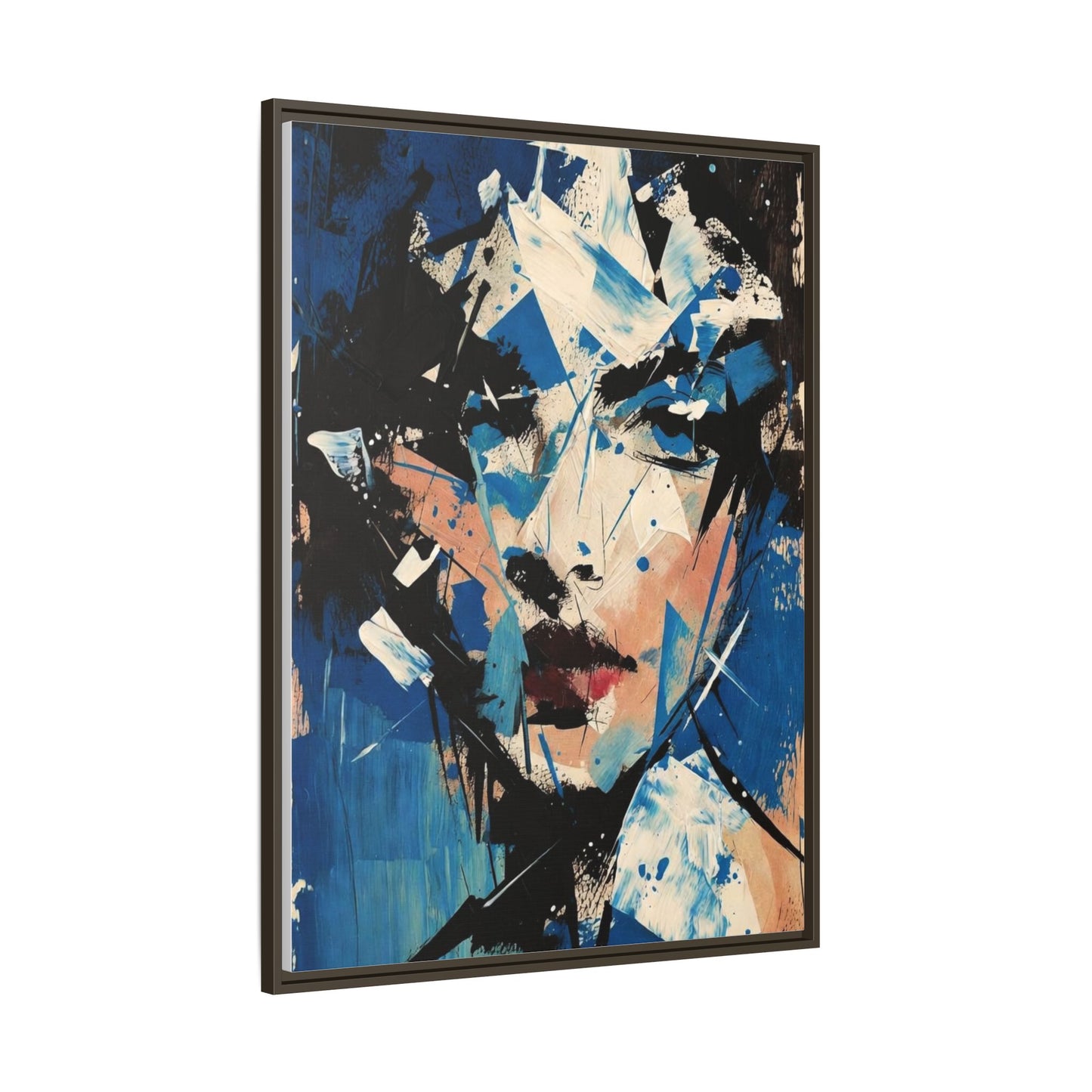 Abstract Portrait Matte Canvas Framed Wall Art — Blue Mixed-Media Face Print