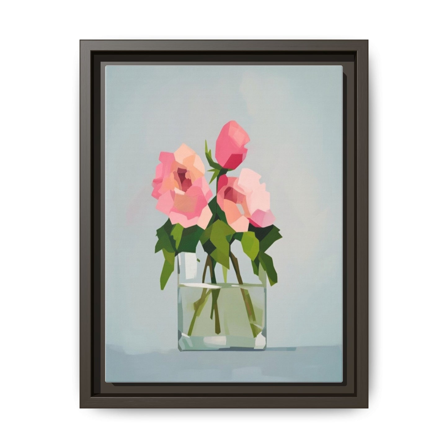 Framed Floral Canvas Print — Pink Roses in Glass Vase (Matte)