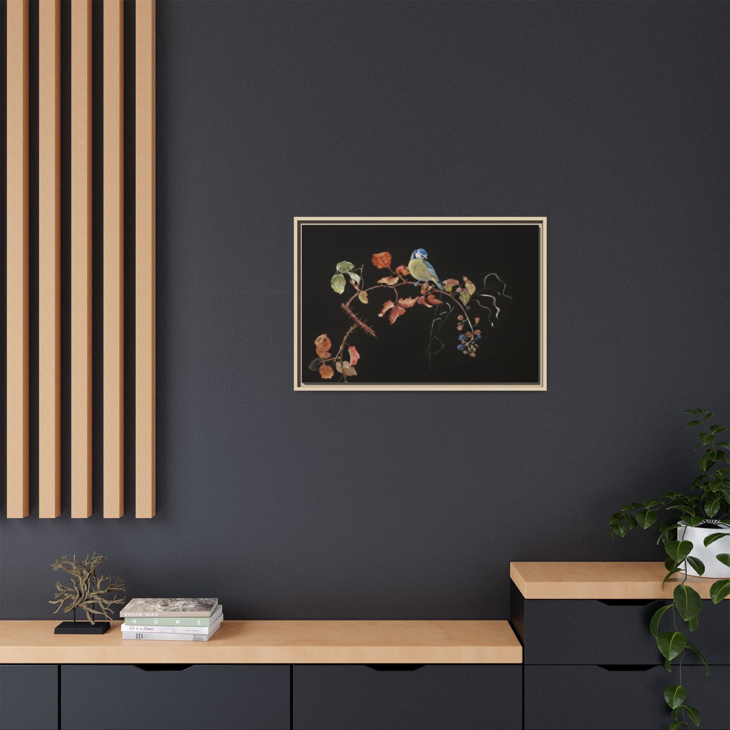 Framed Matte Canvas - Blue Tit on Autumn Branch Wall Art