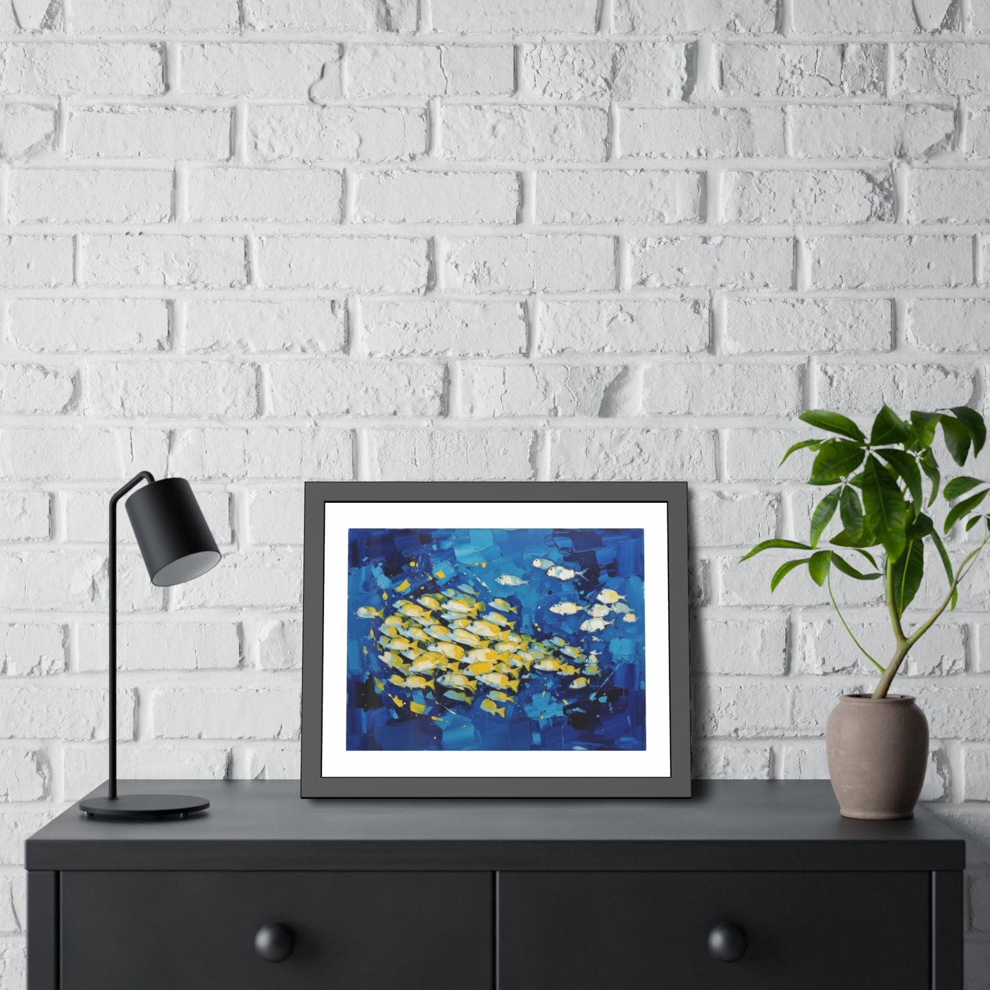 Framed Fish Poster — Blue School of Fish Nautical Wall Art Print