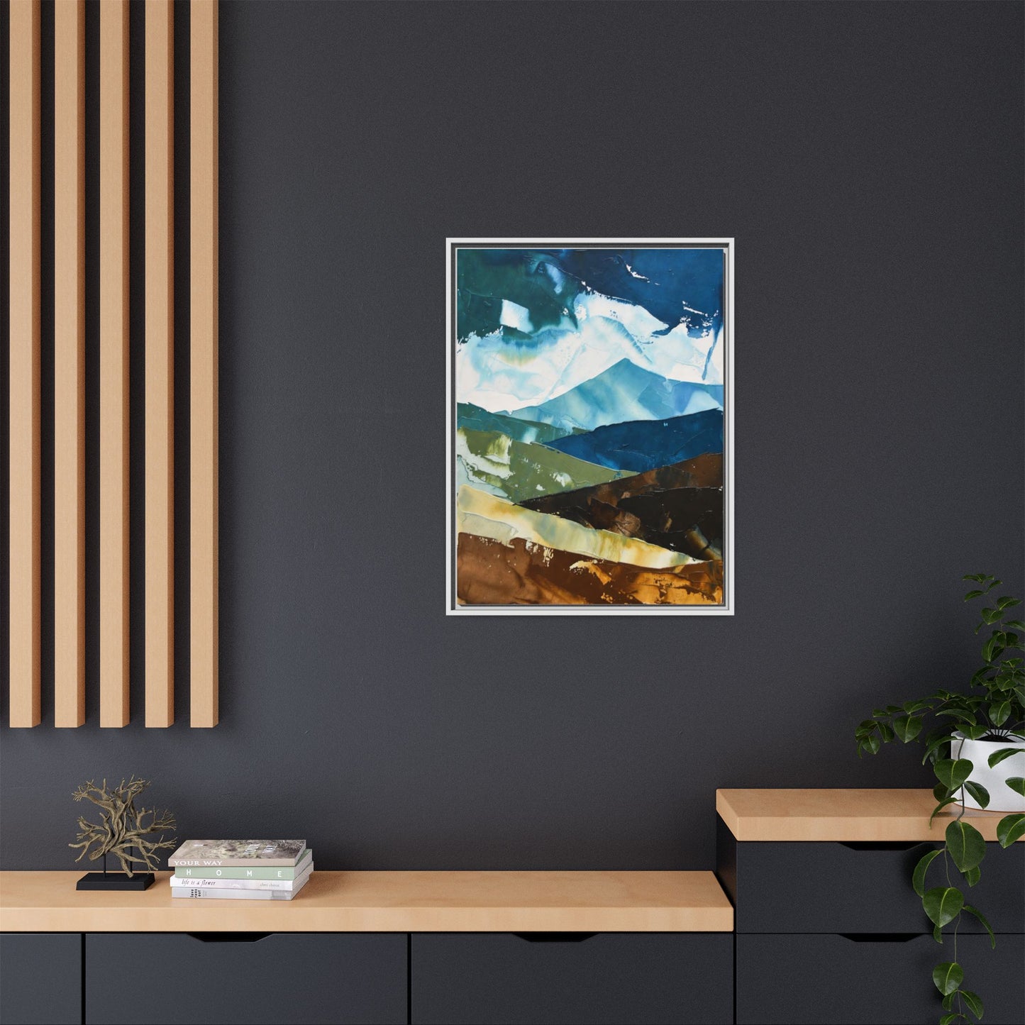 Framed Abstract Mountain Canvas Art — Blue & Earthtone Landscape Print