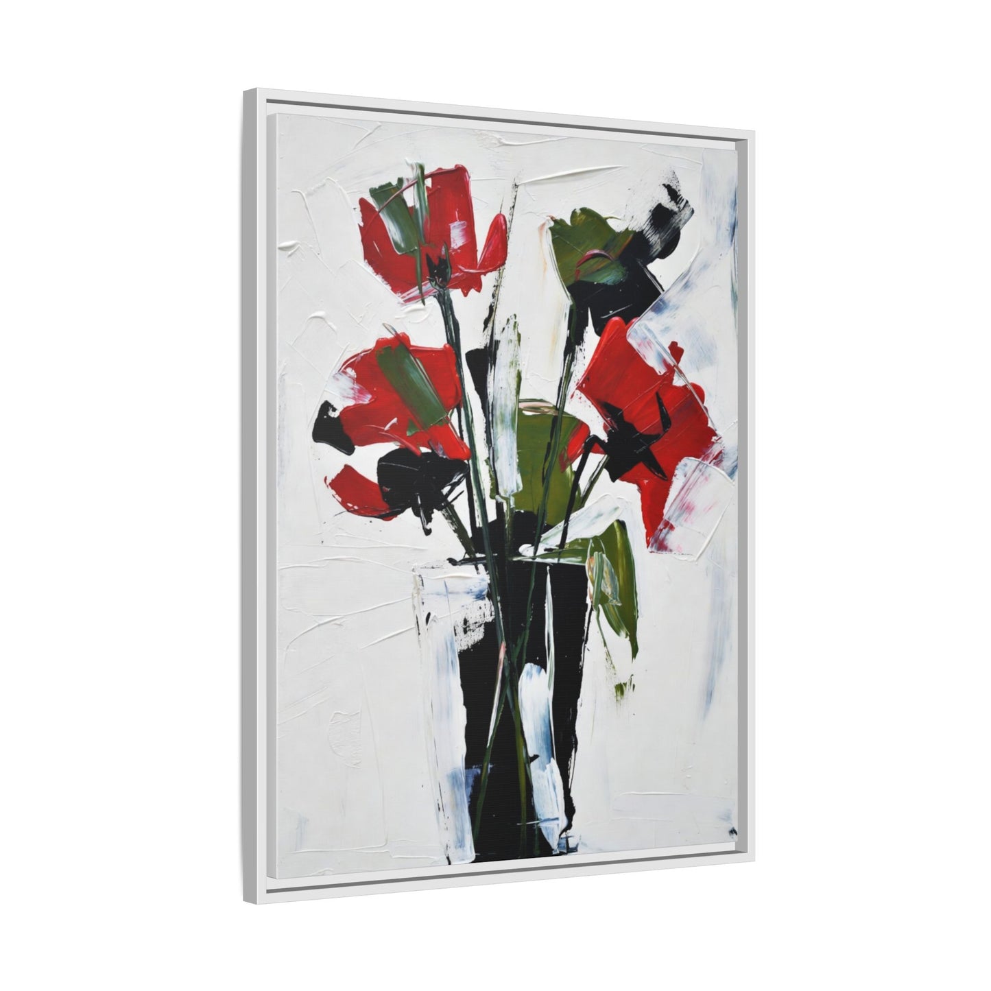 Framed Abstract Floral Canvas Print — Red Poppies in Black Vase