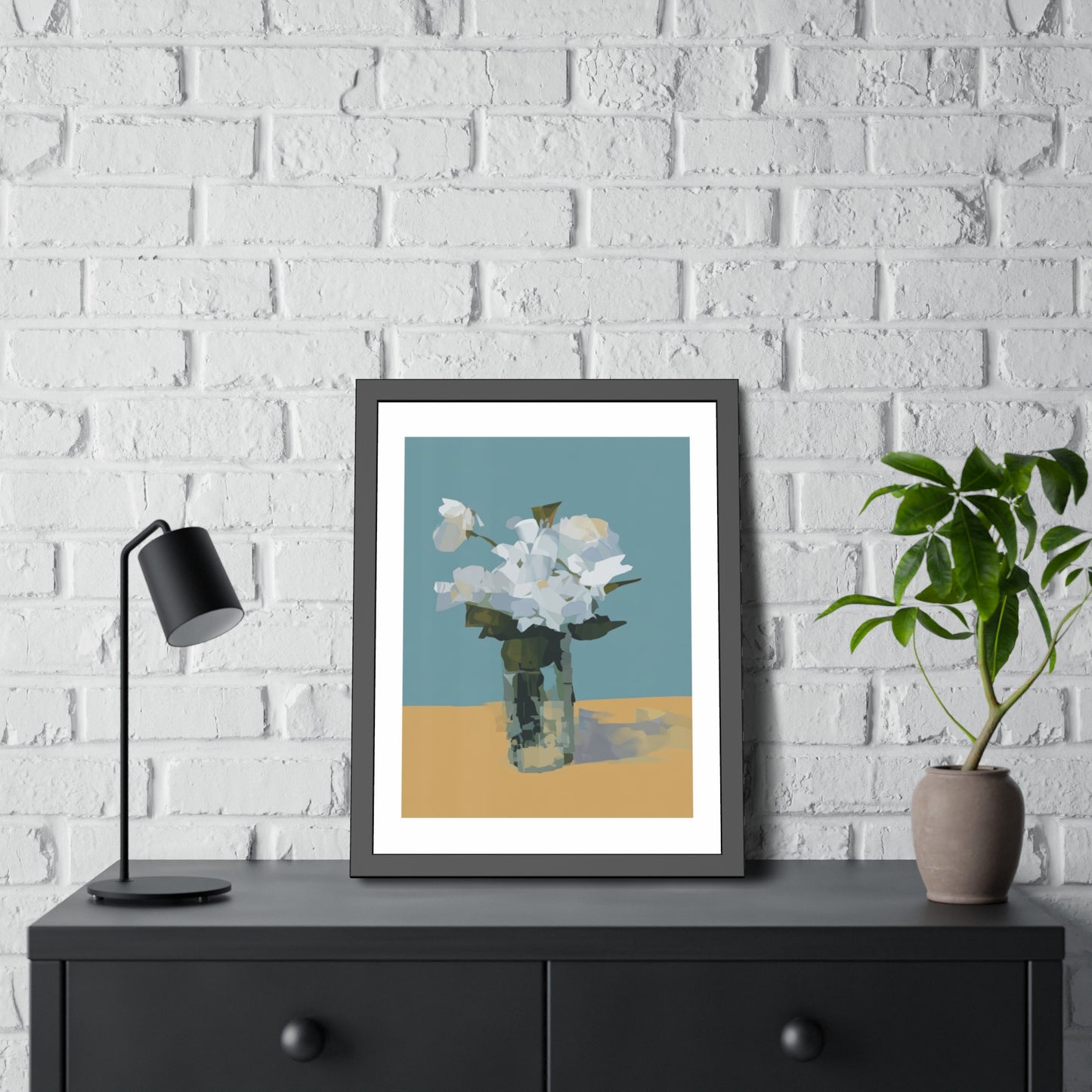 Framed Floral Poster - Modern White Blossoms in Vase Wall Art