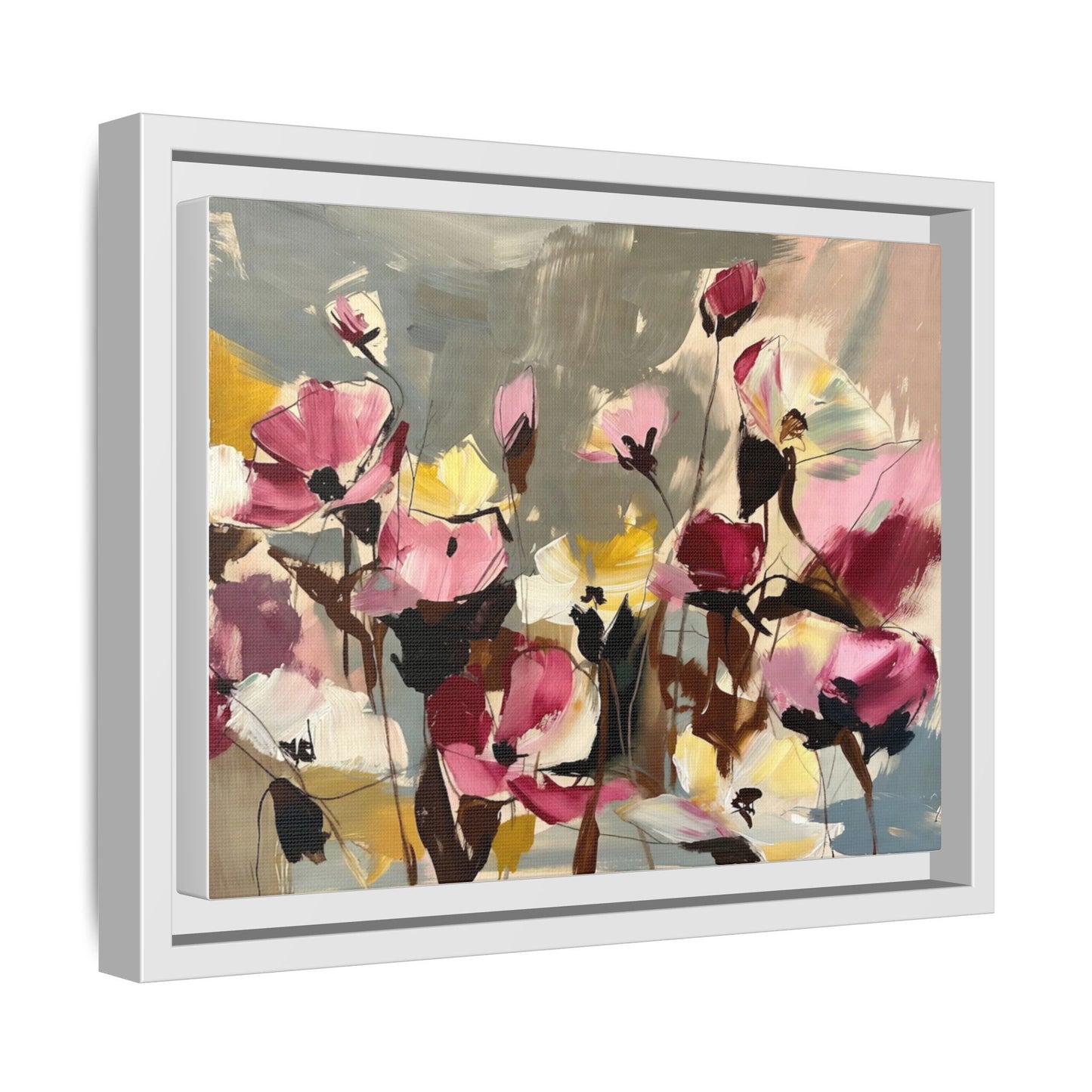 Framed Floral Canvas Wall Art — Abstract Pink & Yellow Flowers