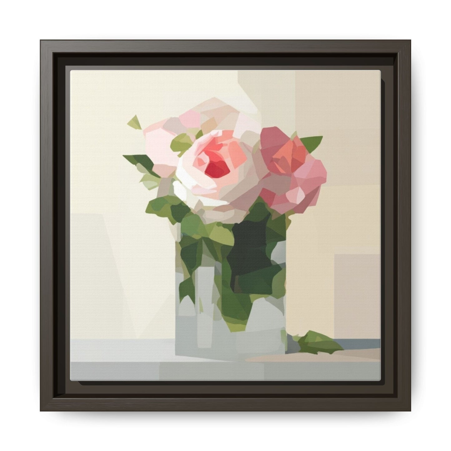 Framed Floral Canvas Print — Geometric Pink Rose Wall Art