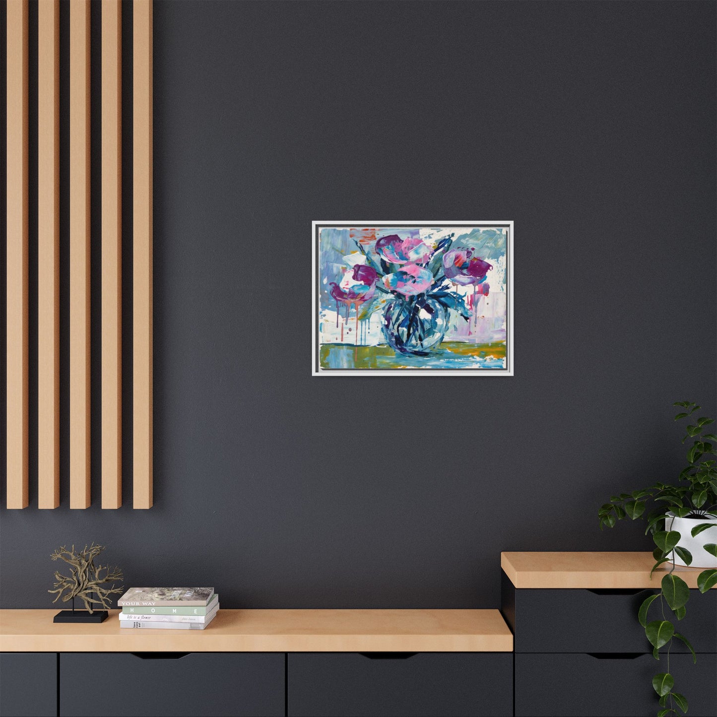 Framed Floral Canvas Art — Abstract Pink & Blue Bouquet