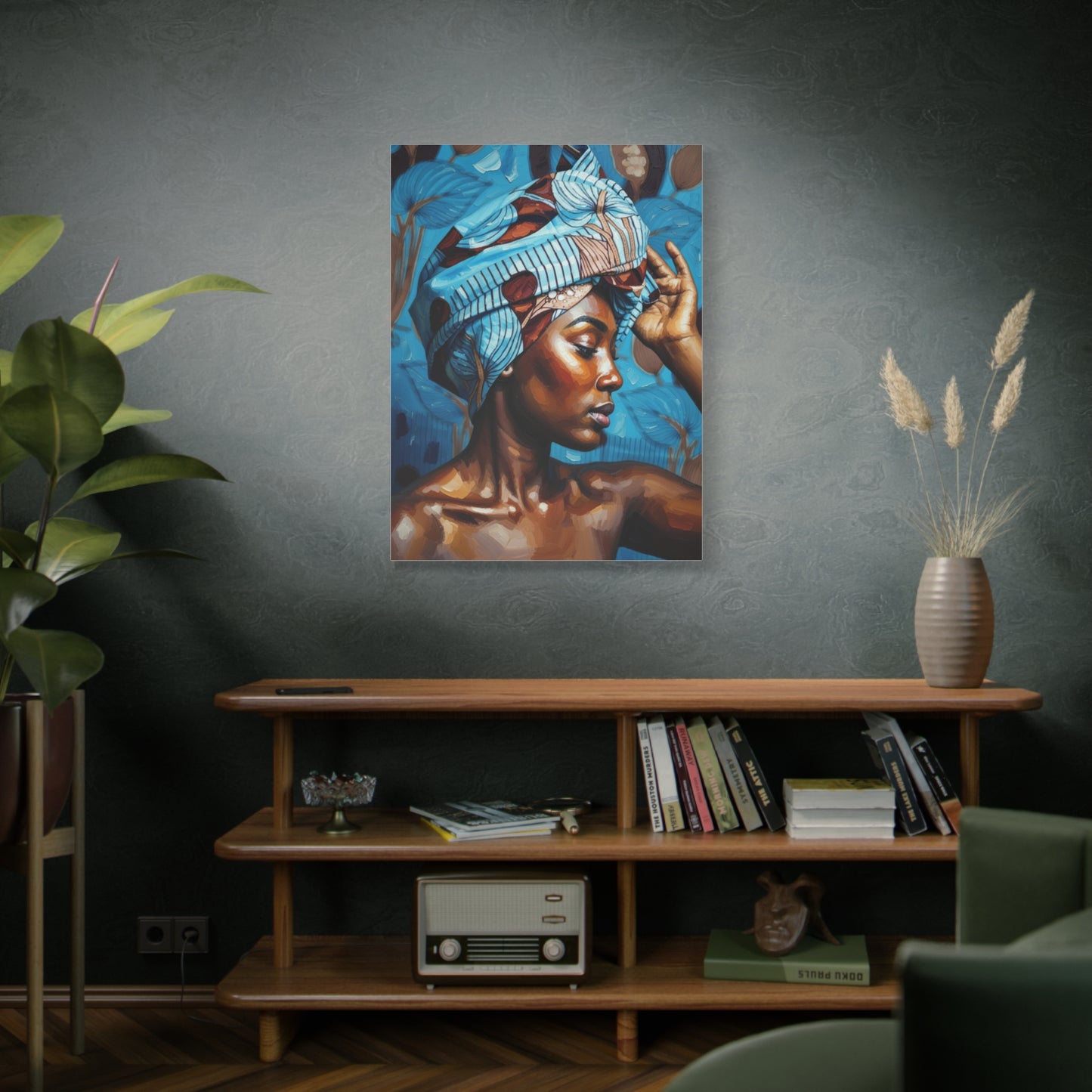 African Woman Portrait Canvas Wall Art - Blue Headwrap Matte Stretched Canvas