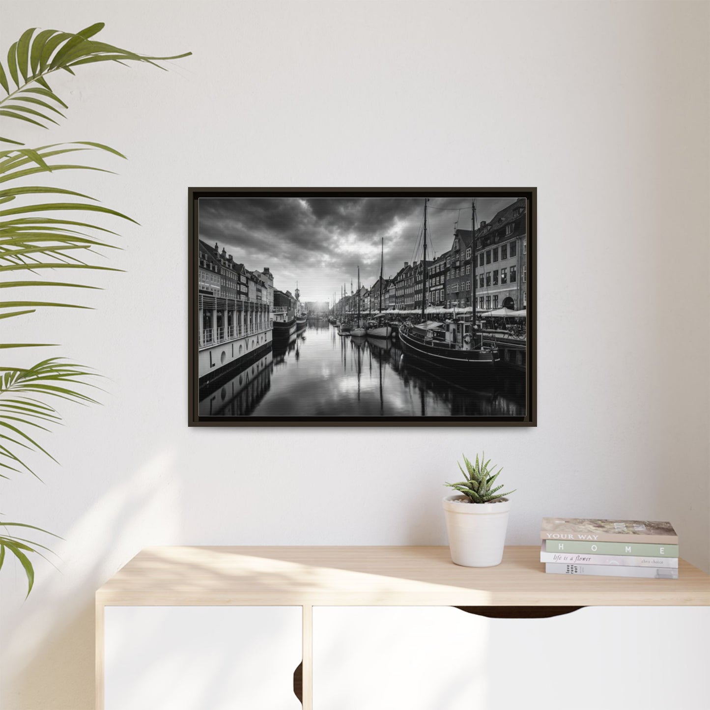 Framed Matte Canvas: Black & White Dutch Canal Photography Wall Art