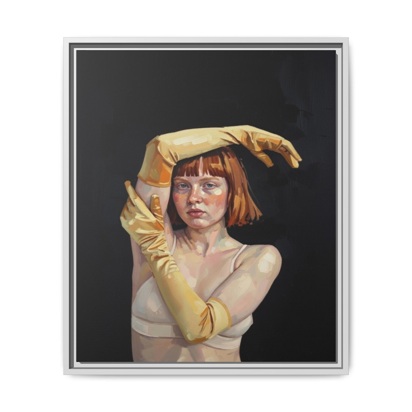 Framed Matte Canvas Art – Portrait of Woman in Yellow Gloves