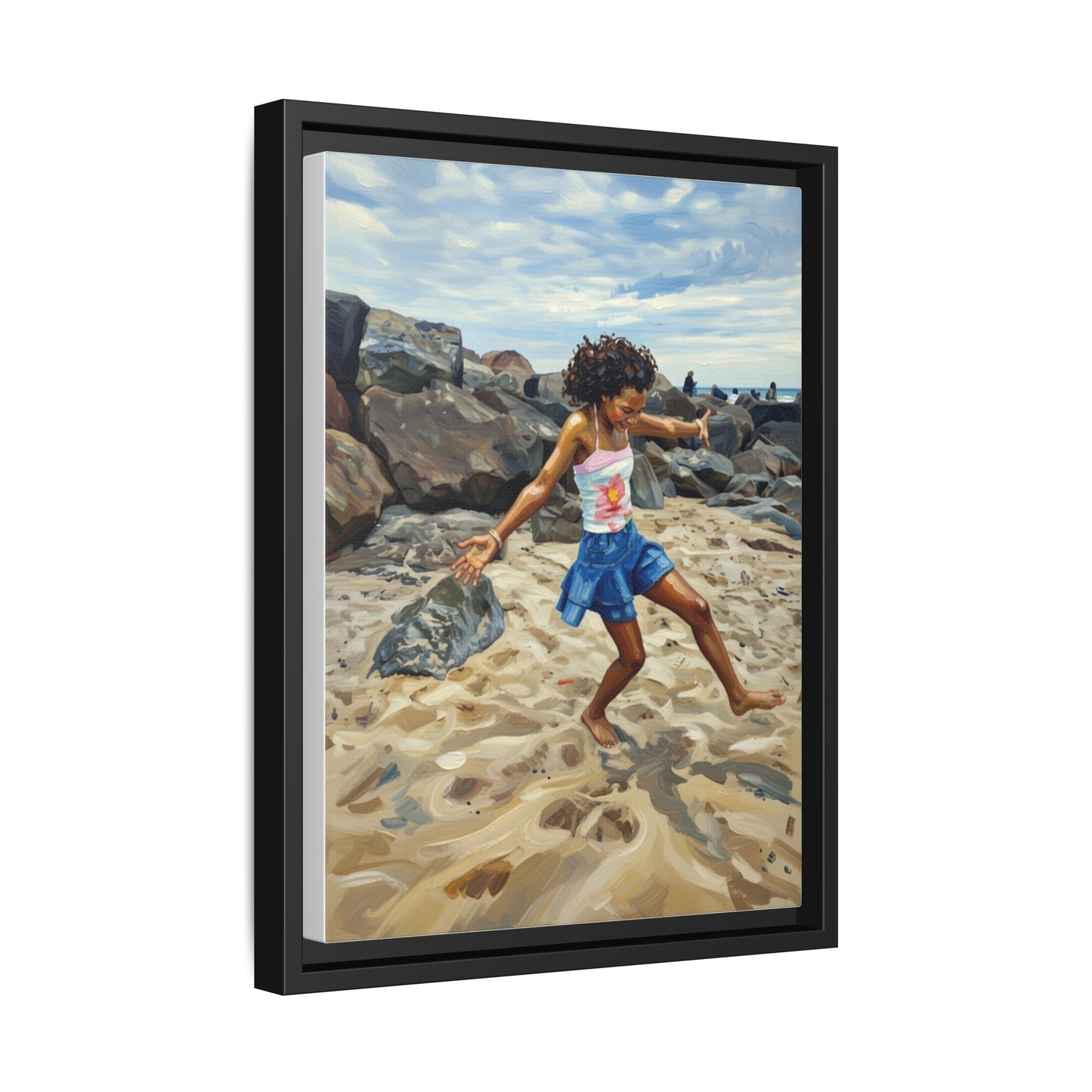 Framed Canvas Art - Girl Dancing on the Beach (Matte Multi-Color)