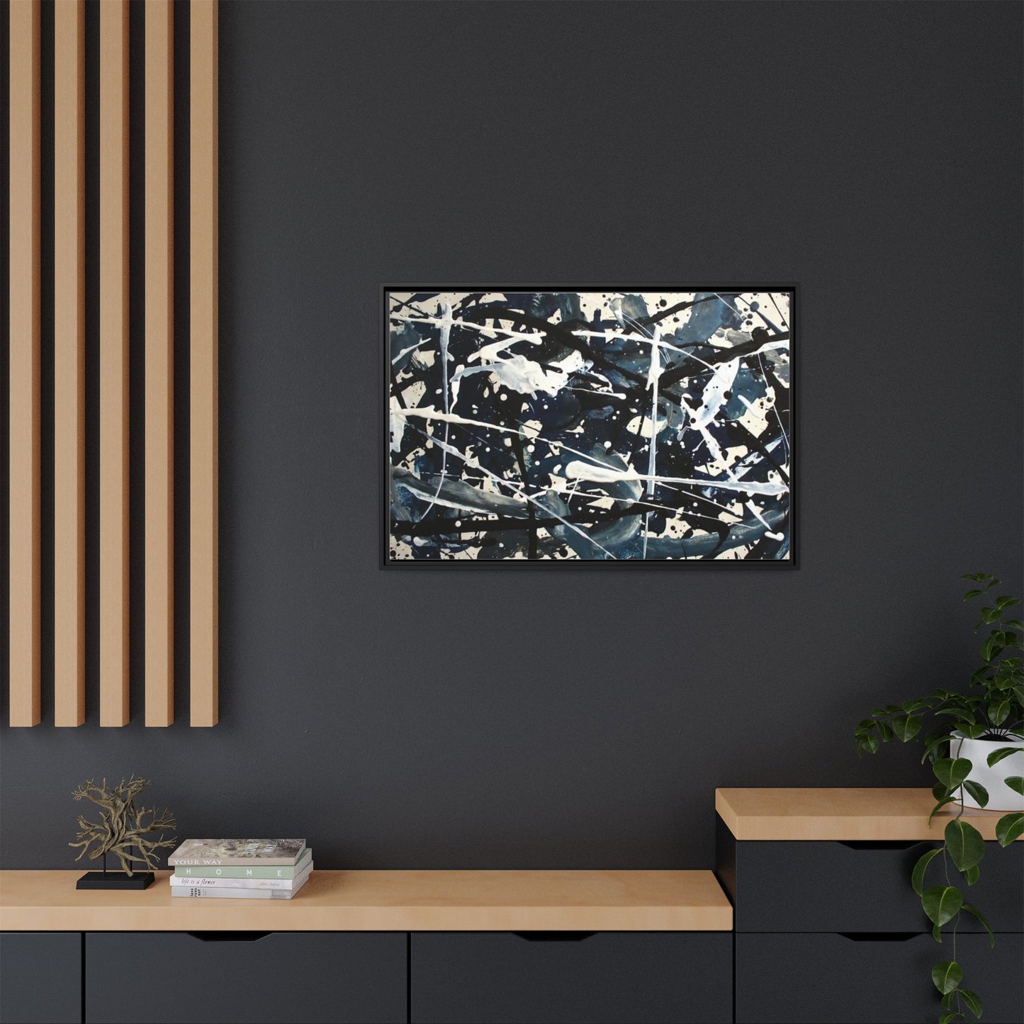 Abstract Splatter Matte Canvas Framed Wall Art — Black & Blue Modern Art Print