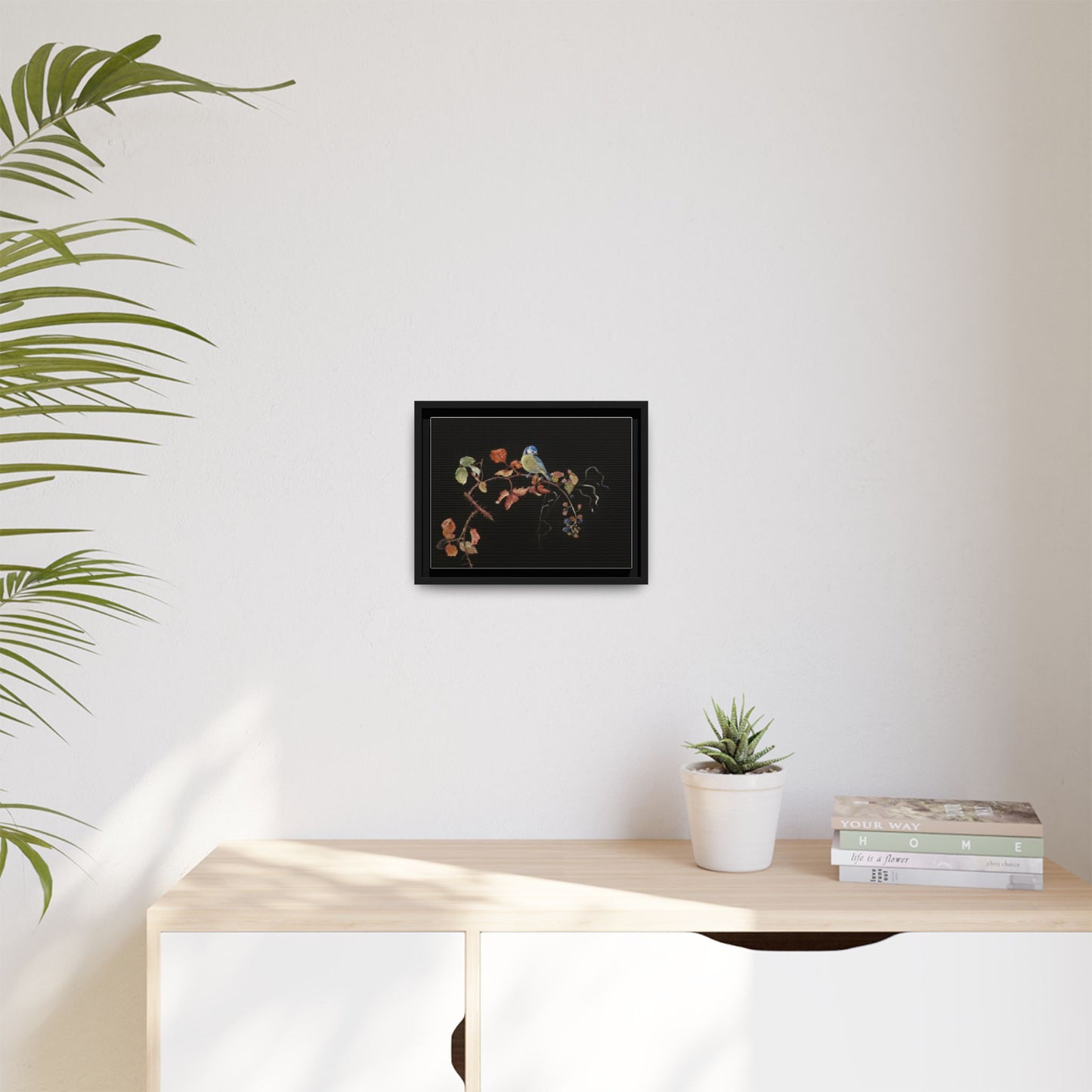 Framed Matte Canvas - Blue Tit on Autumn Branch Wall Art