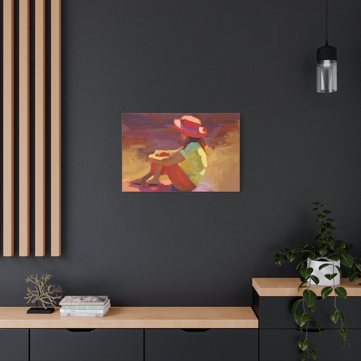 Sunset Daydream Canvas Art — Girl in Hat Matte Stretched Wall Art