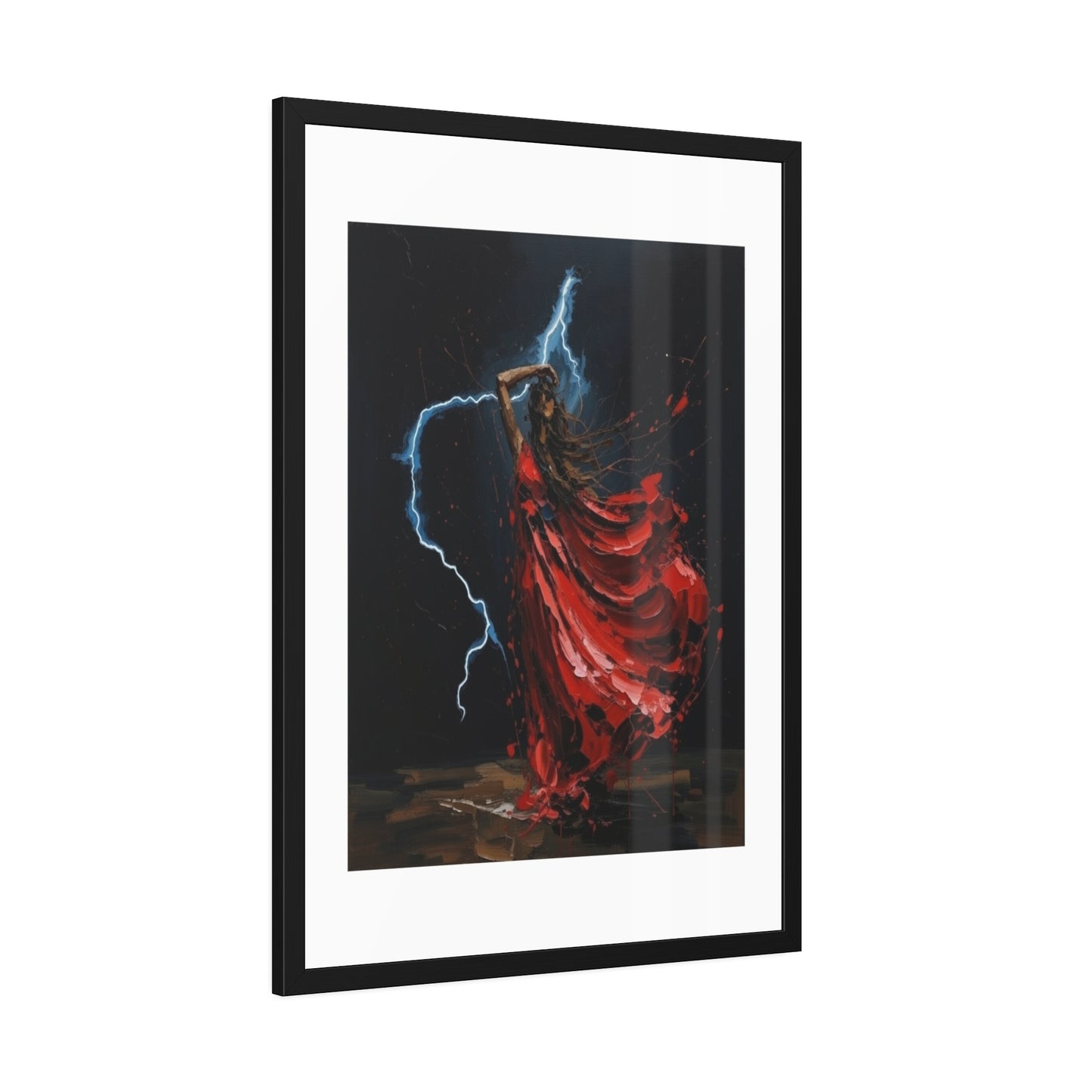 Framed Poster — Red-Dressed Dancer with Lightning Art Print