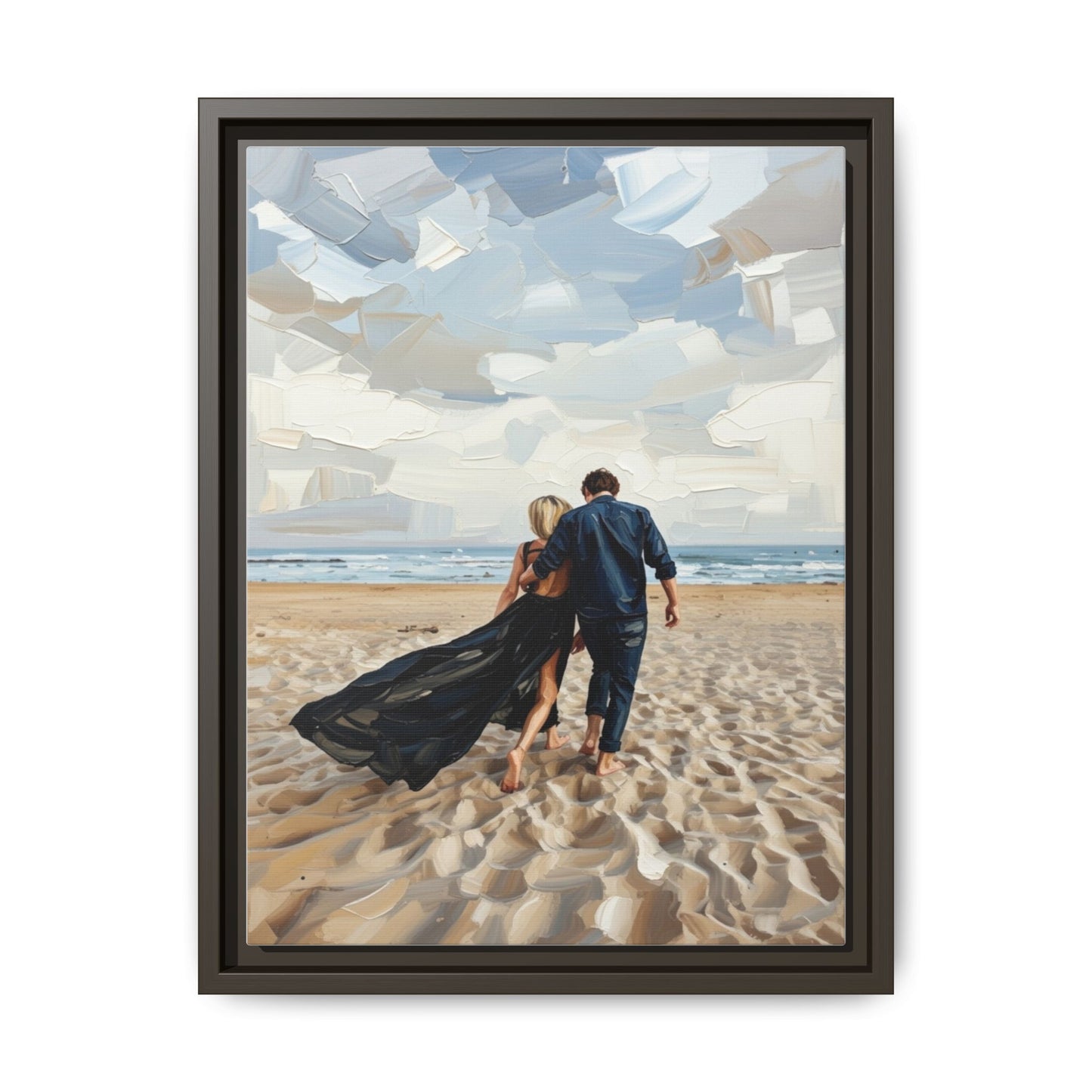 Framed Canvas Wall Art — Romantic Couple Walking on Beach Print