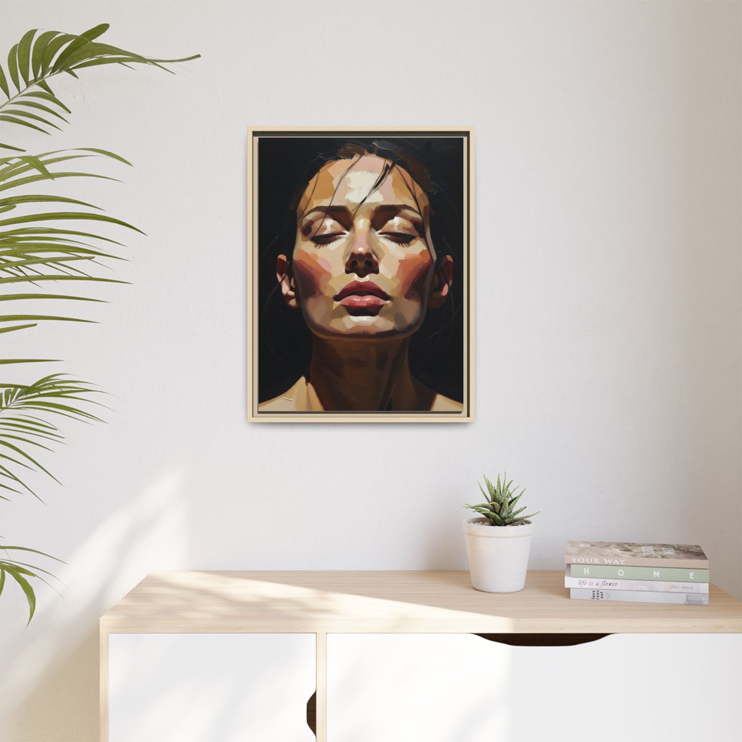 Framed Matte Canvas Portrait – Woman with Eyes Closed (Multi‑Color)