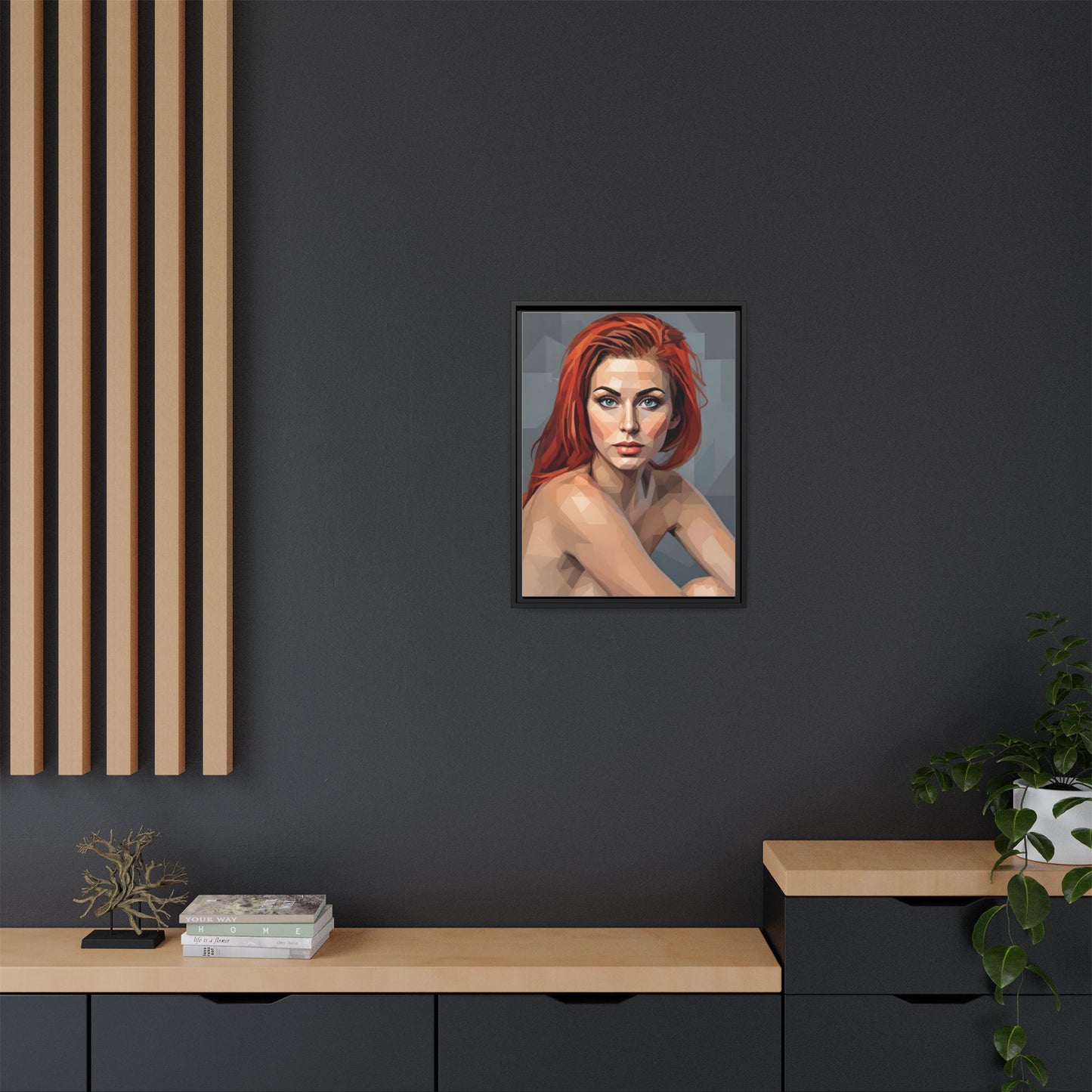 Framed Matte Canvas Portrait — Geometric Redhead Wall Art