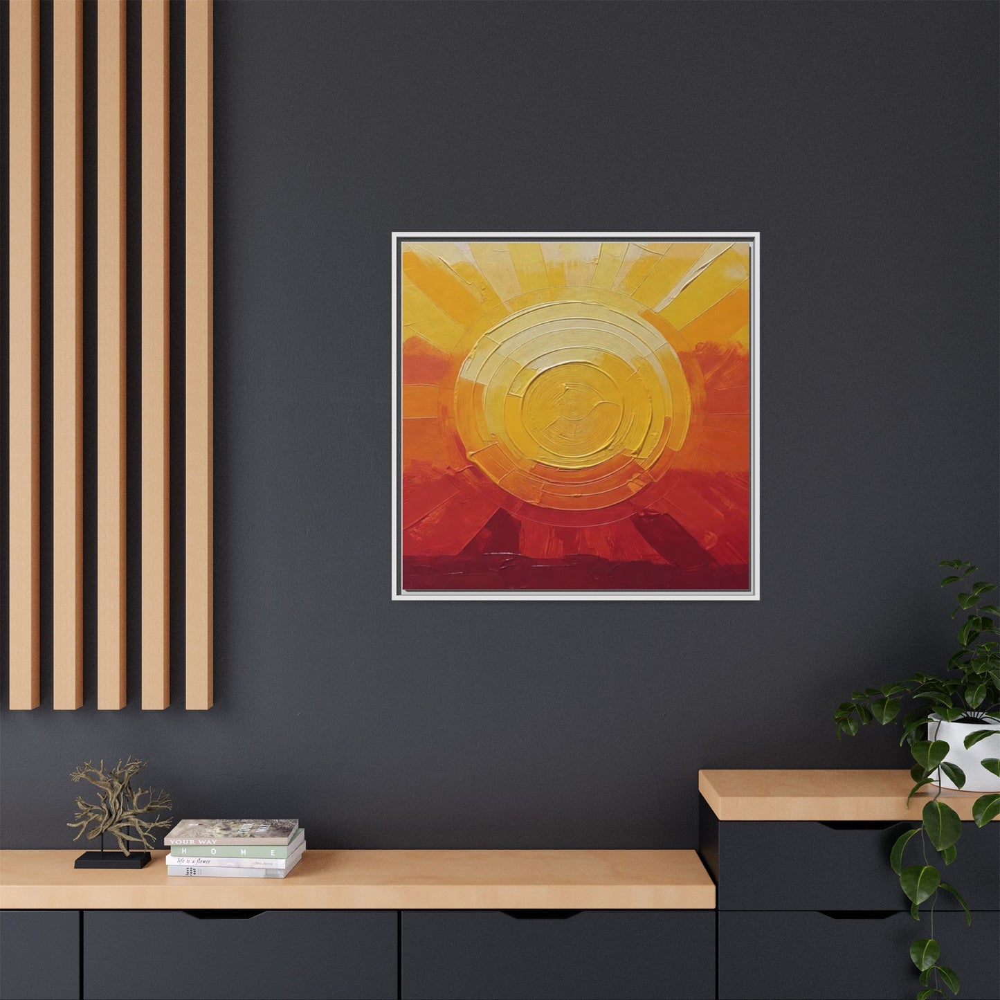 Sunburst Abstract Framed Canvas Art — Matte Multi‑Color Wall Print