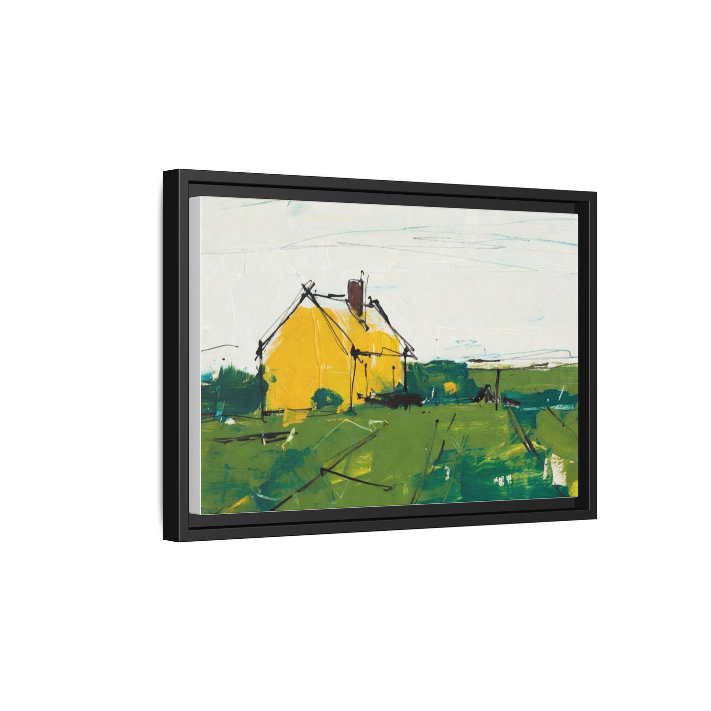 Yellow Cottage Landscape Framed Canvas Print