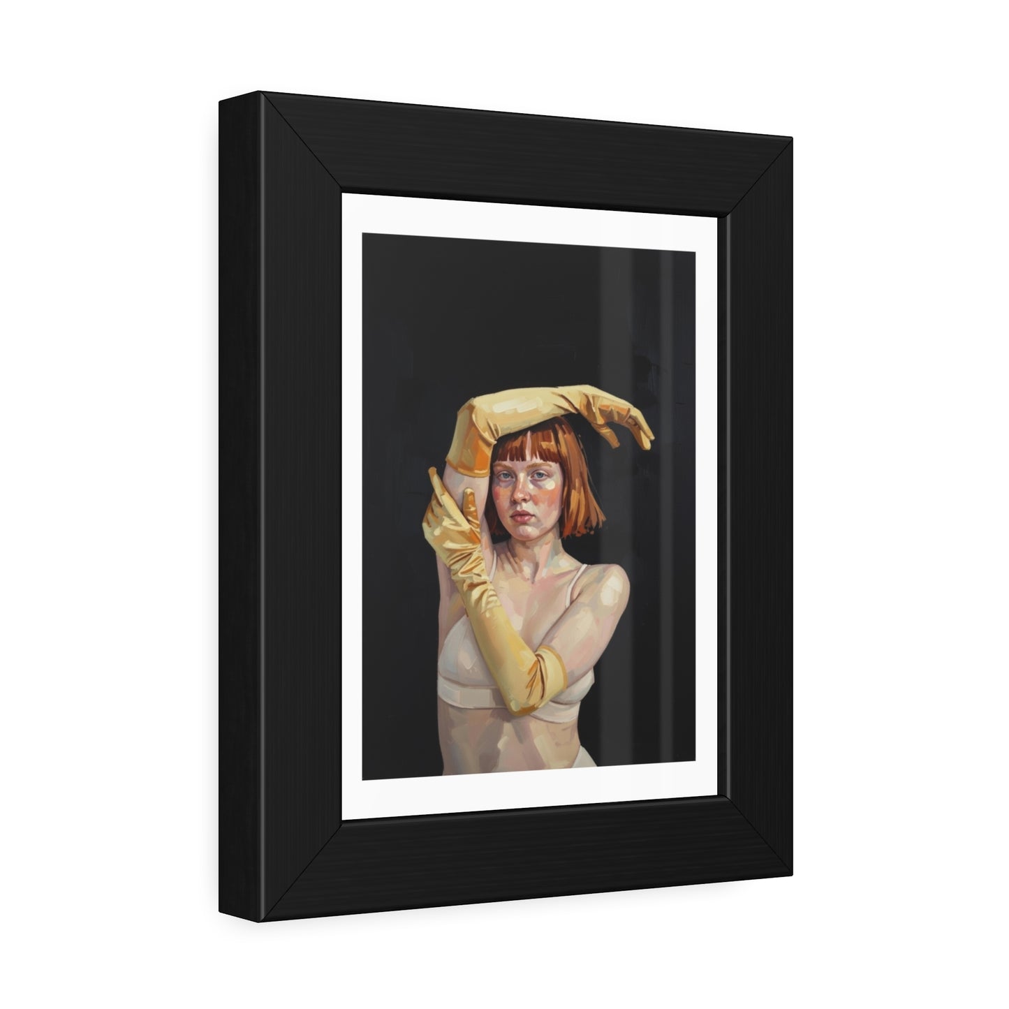 Framed Art Poster — Portrait of Redhead Woman in Yellow Gloves (Gallery Wall Print)