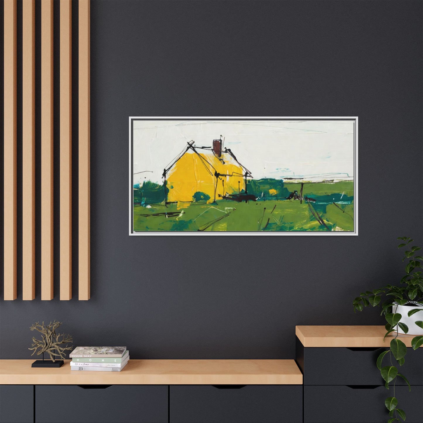 Yellow Cottage Landscape Framed Canvas Print