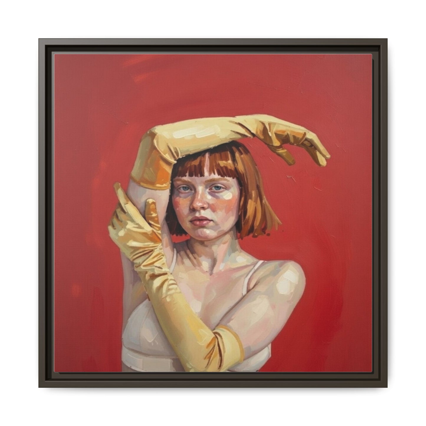 Framed Matte Canvas Art - Portrait of Woman in Yellow Gloves (Red Background)