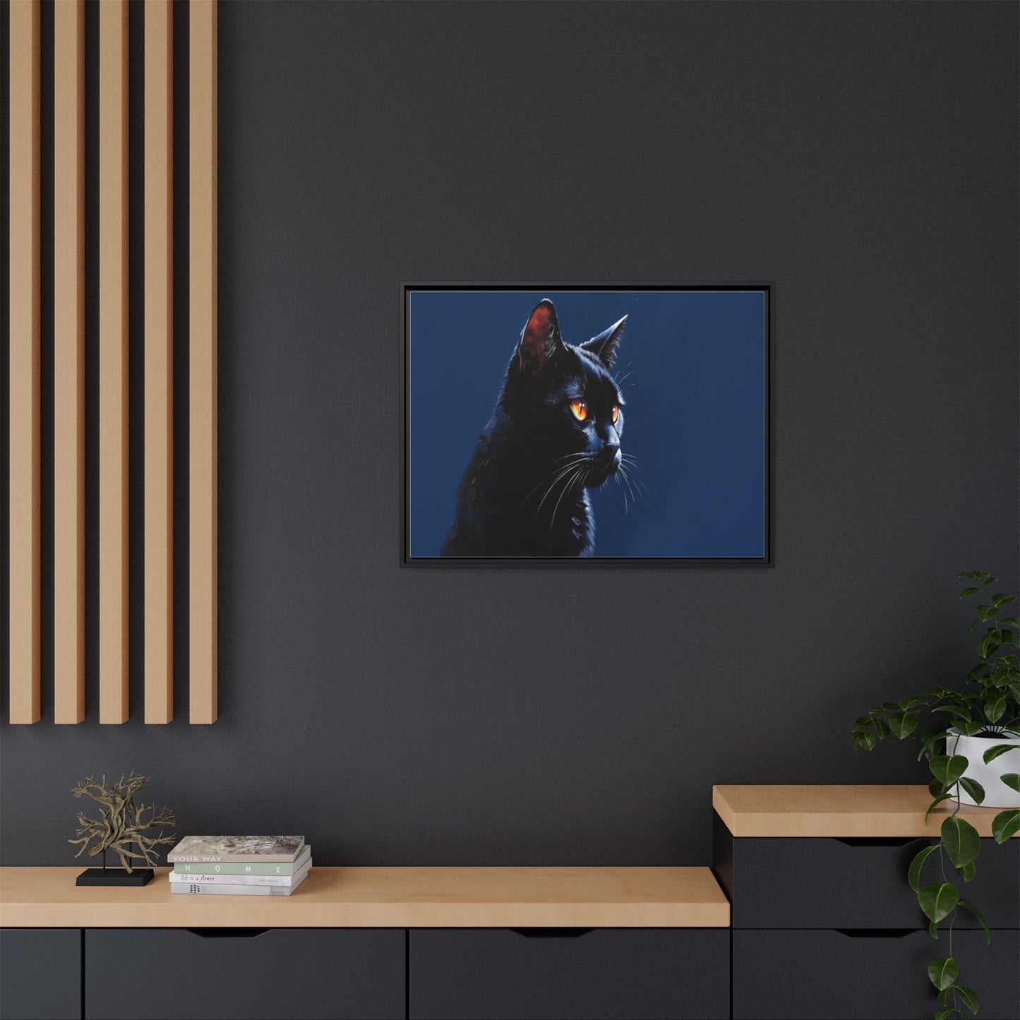 Black Cat Portrait Matte Canvas Framed Wall Art — Dramatic Feline Photo Print