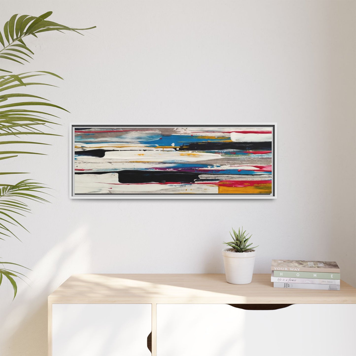 Abstract Multi-Color Framed Canvas Wall Art — Modern Horizontal Brushstroke Print