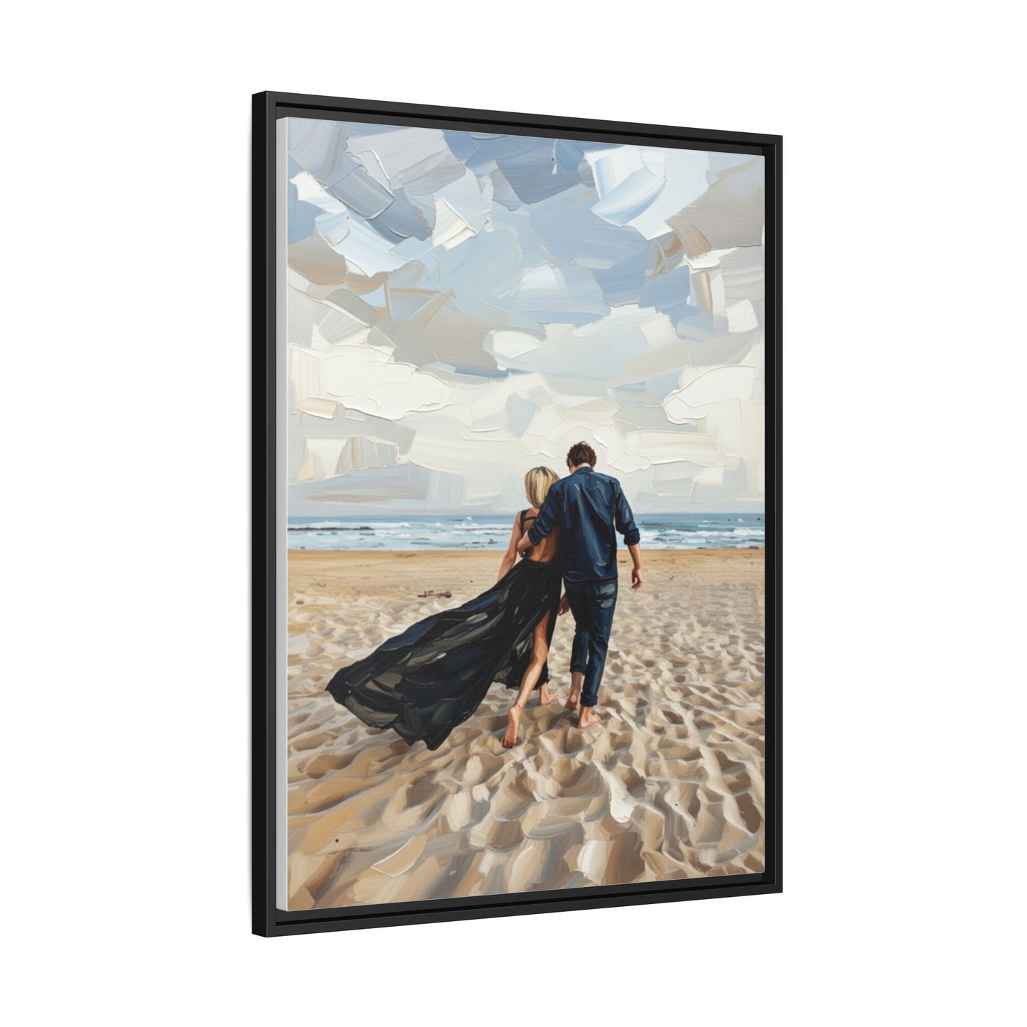Framed Canvas Wall Art — Romantic Couple Walking on Beach Print