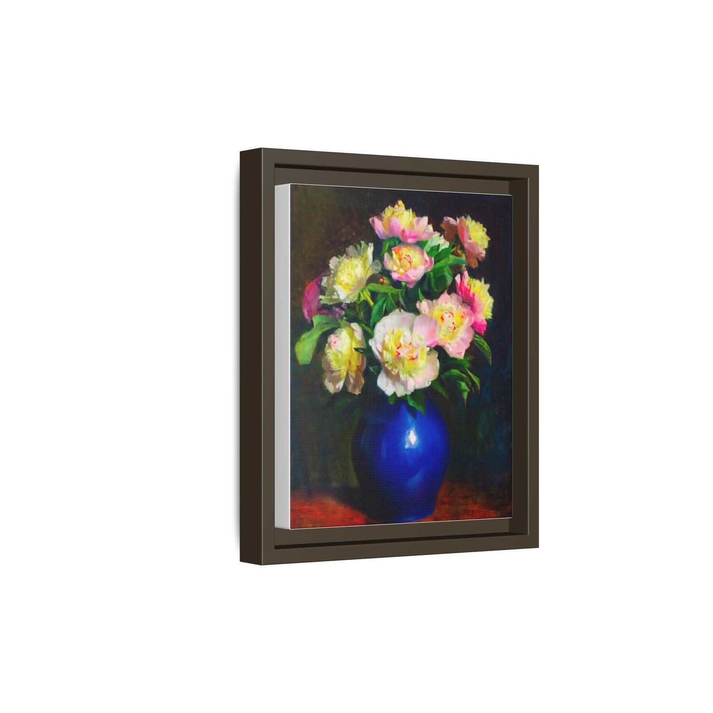 Framed Matte Canvas Wall Art — Vintage Floral Bouquet in Blue Vase