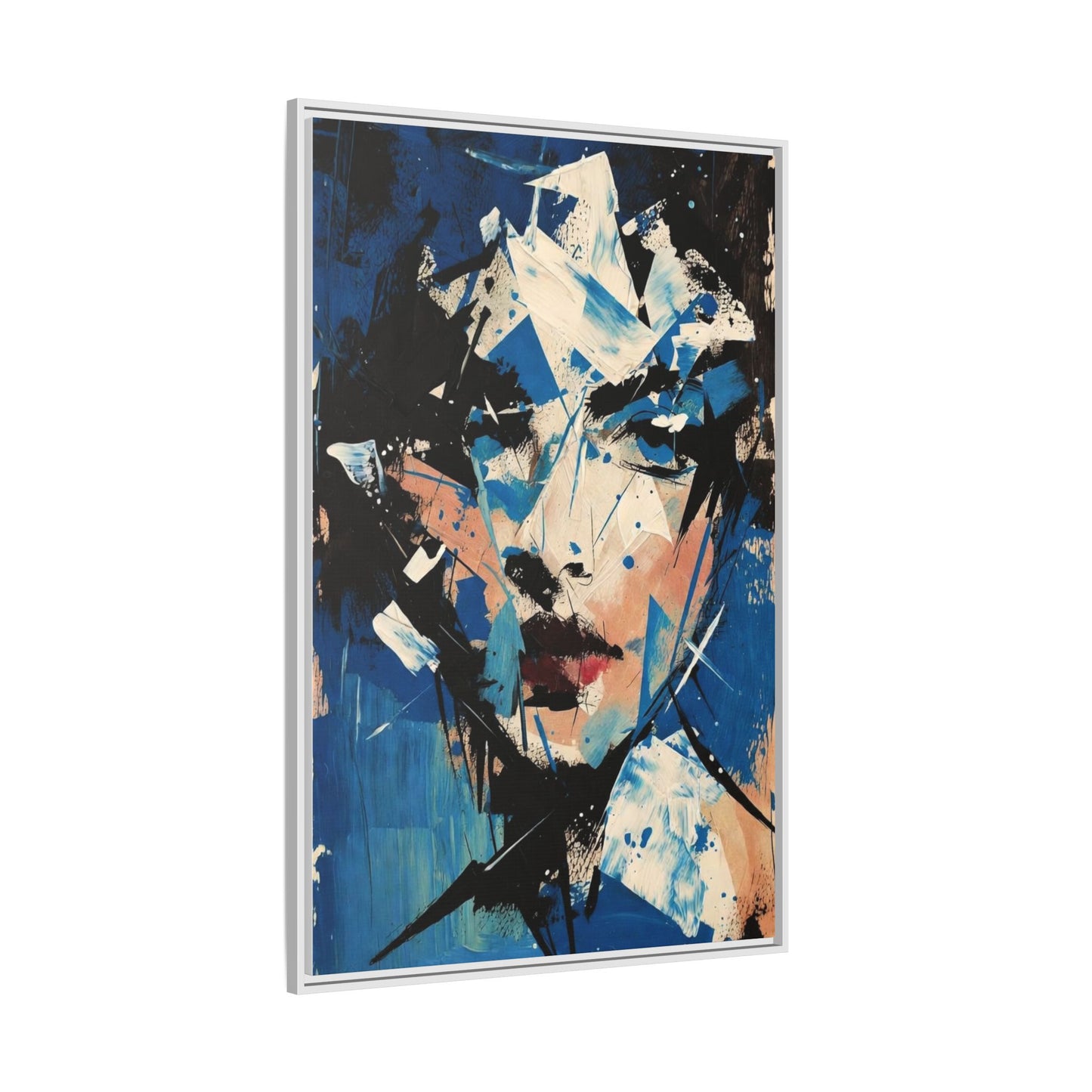 Abstract Portrait Matte Canvas Framed Wall Art — Blue Mixed-Media Face Print