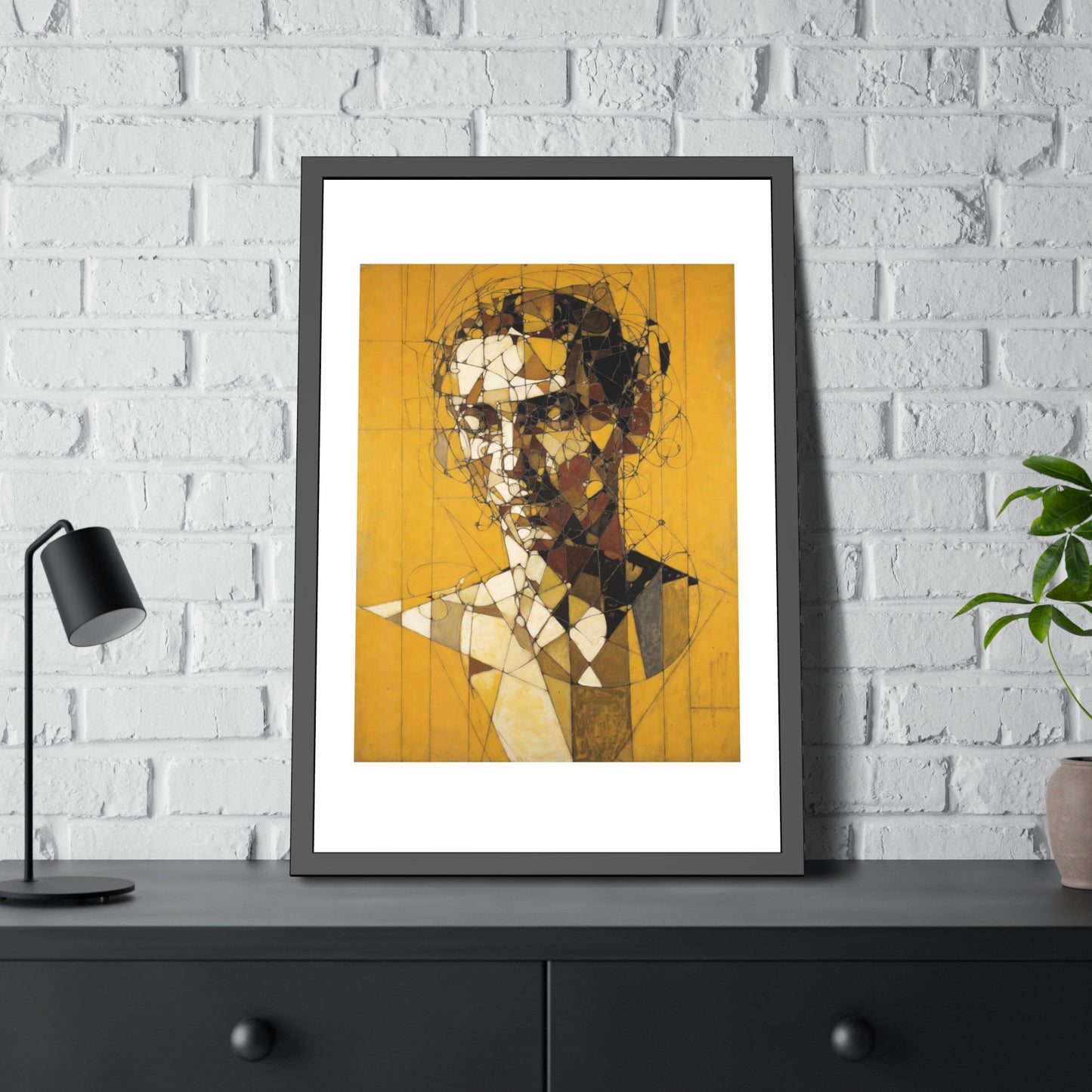 Framed Poster — Abstract Geometric Portrait on Mustard Yellow