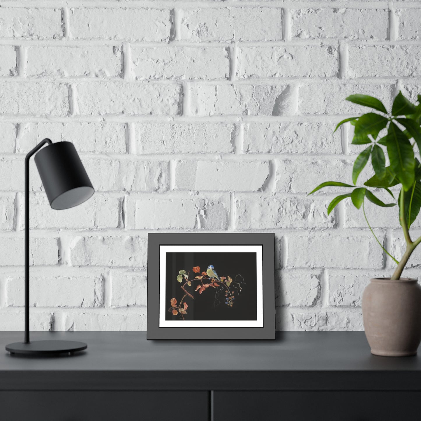 Framed Bird Print Poster — Vintage Botanical Bird Illustration on Black