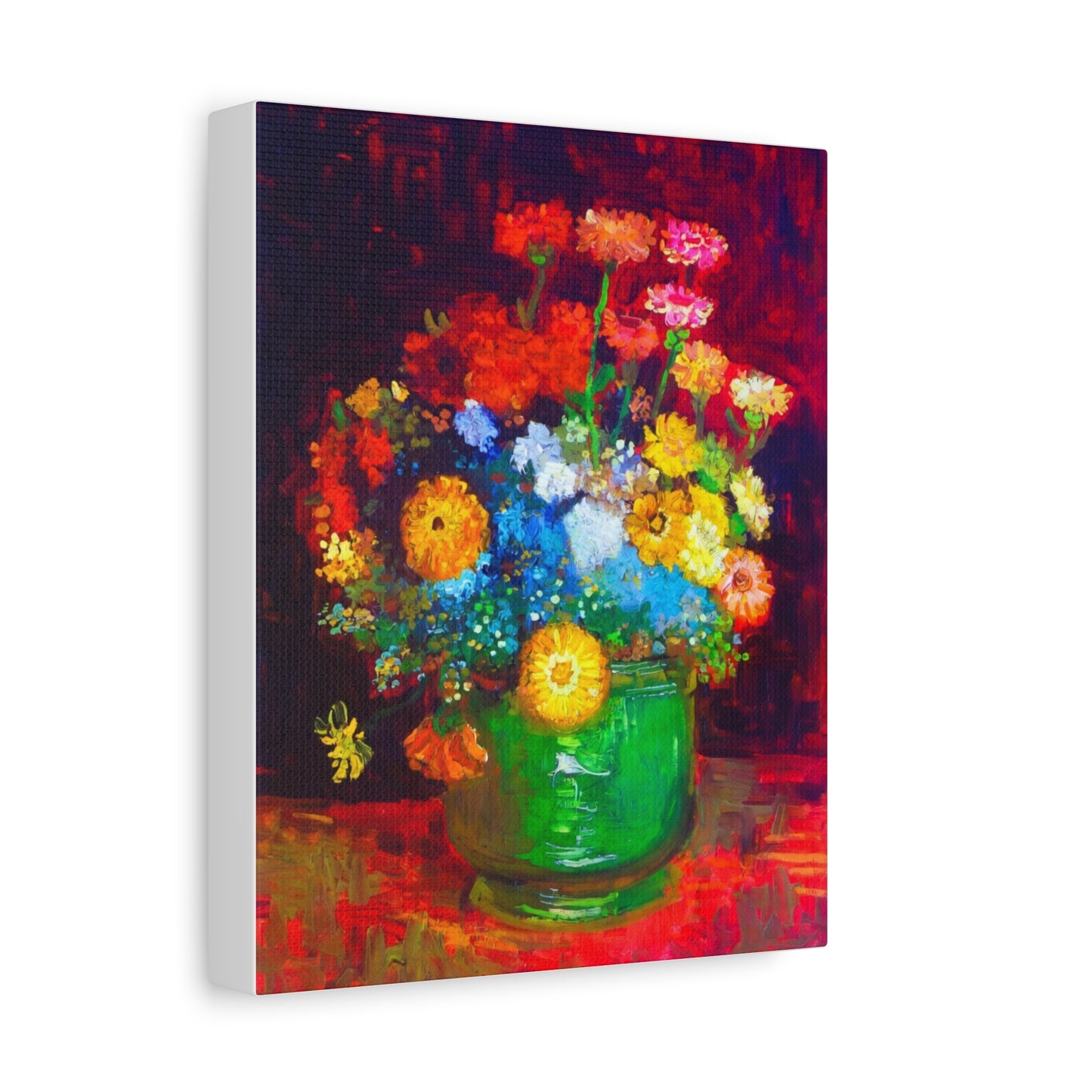 Floral Still Life Canvas Print — Vibrant Bouquet in Green Vase