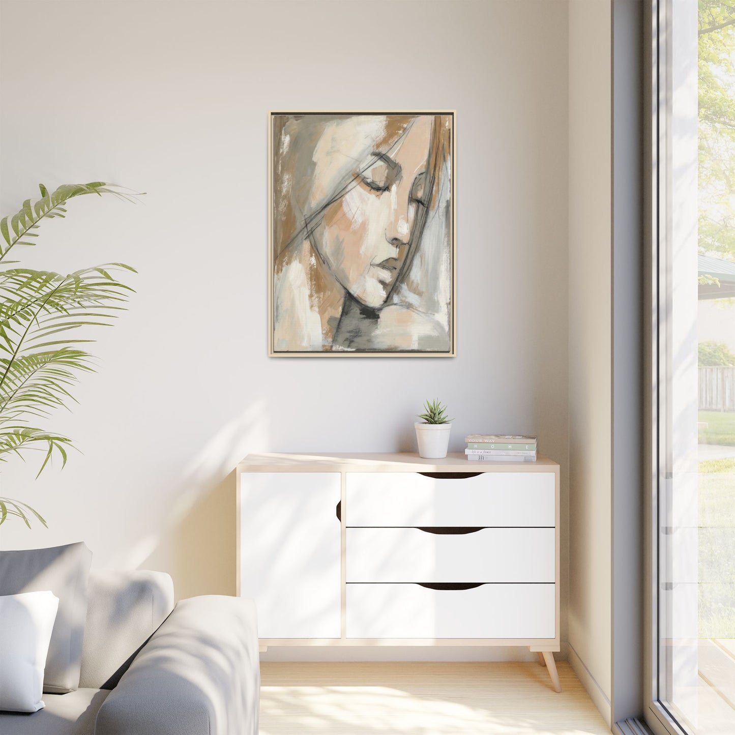 Framed Matte Canvas Art — Serene Abstract Portrait in Neutrals