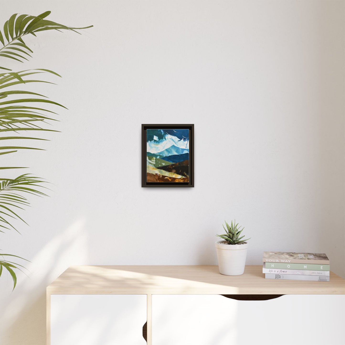 Framed Abstract Mountain Canvas Art — Blue & Earthtone Landscape Print