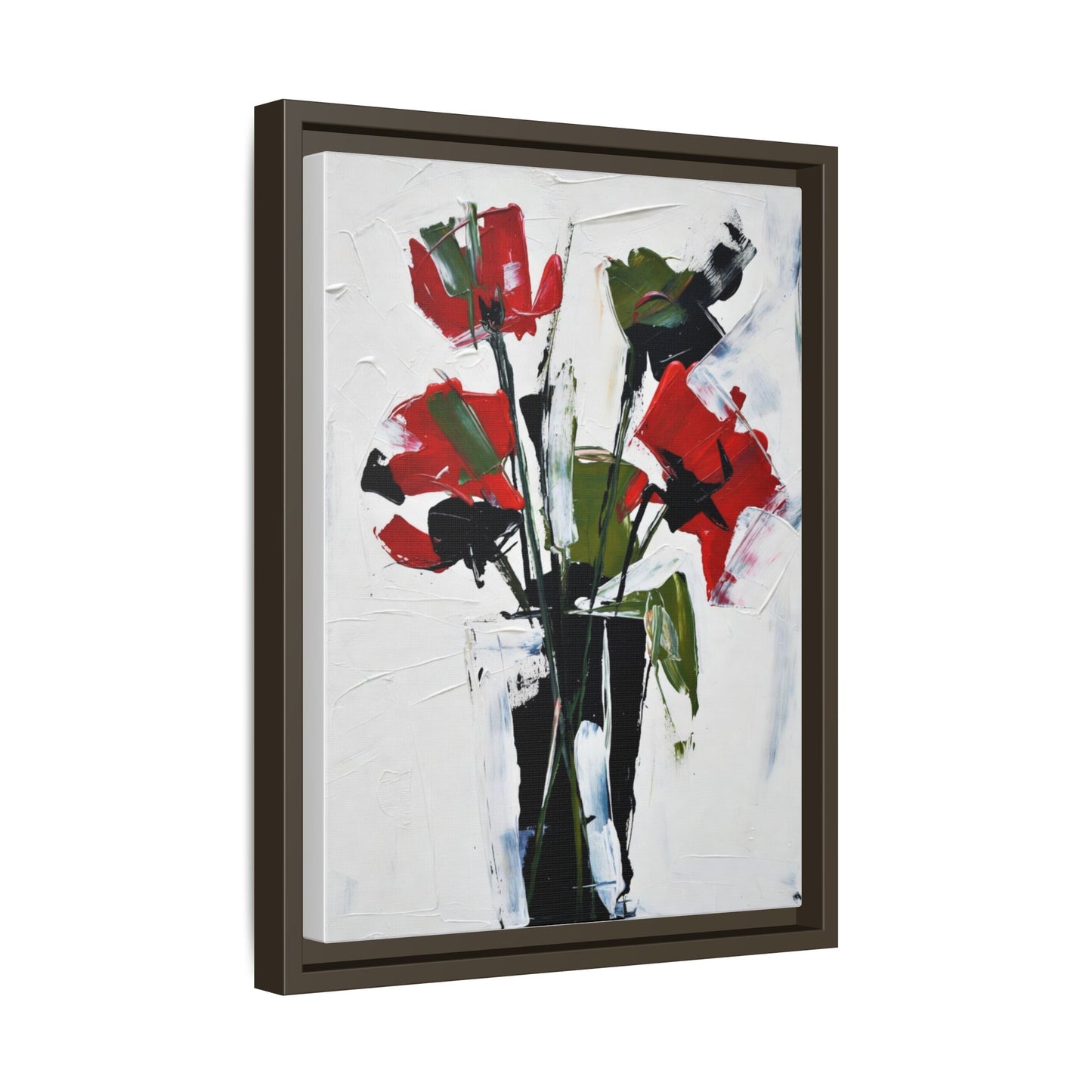 Framed Abstract Floral Canvas Print — Red Poppies in Black Vase