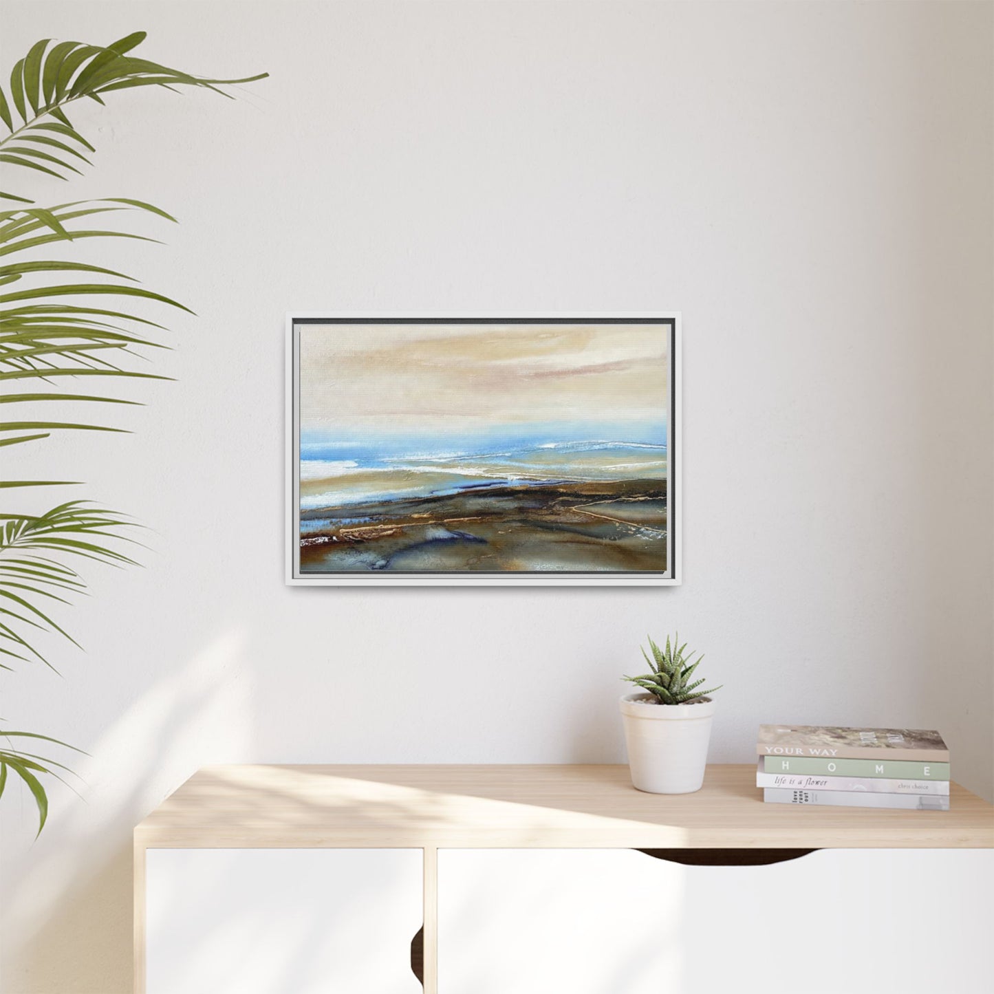 Framed Abstract Seascape Matte Canvas — Coastal Blue & Earth Tone Wall Art