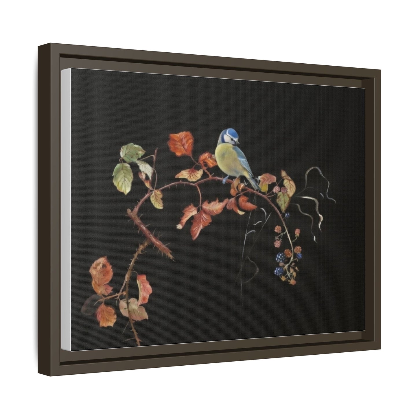 Framed Matte Canvas - Blue Tit on Autumn Branch Wall Art