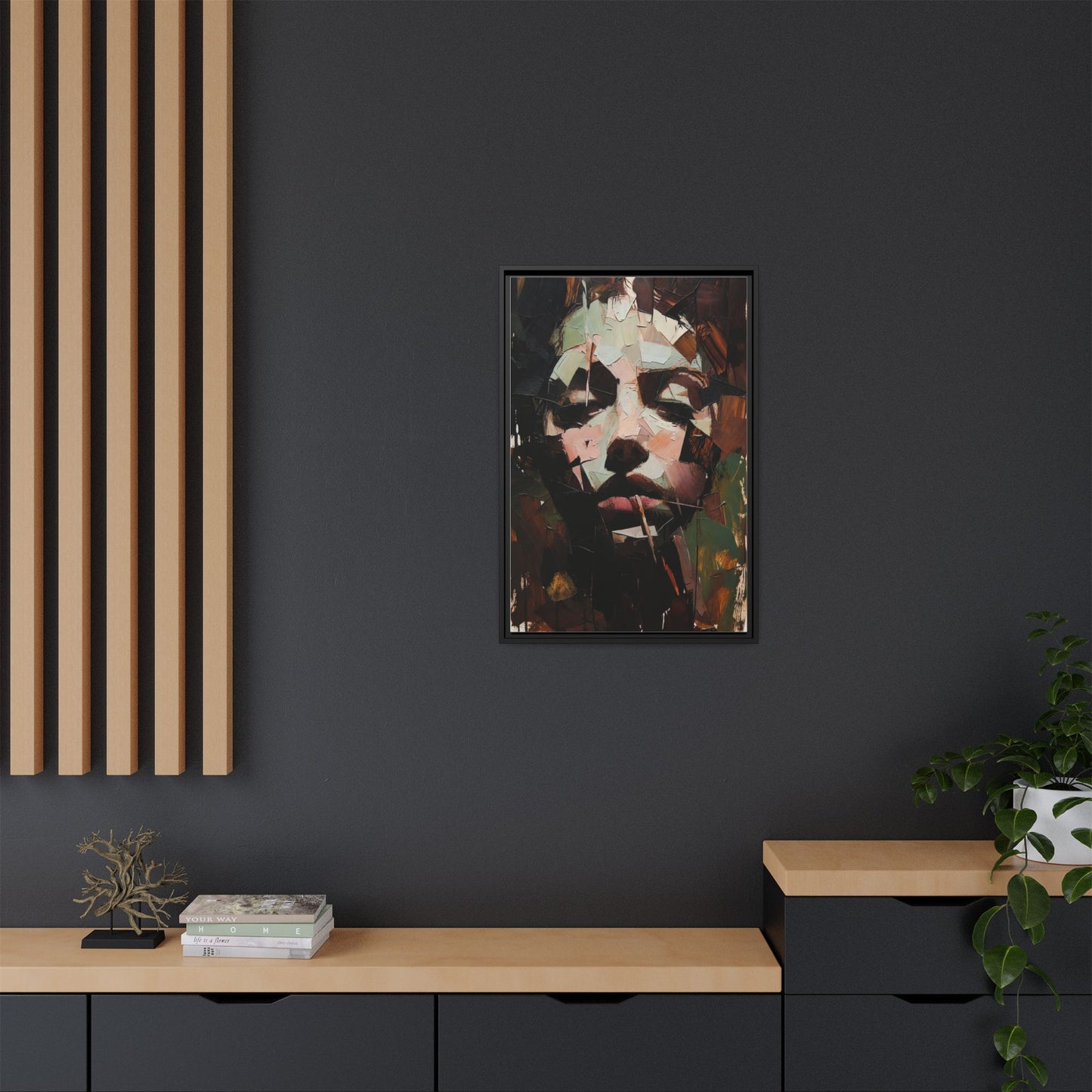 Matte Framed Canvas Art — Abstract Female Portrait, Moody Multicolor