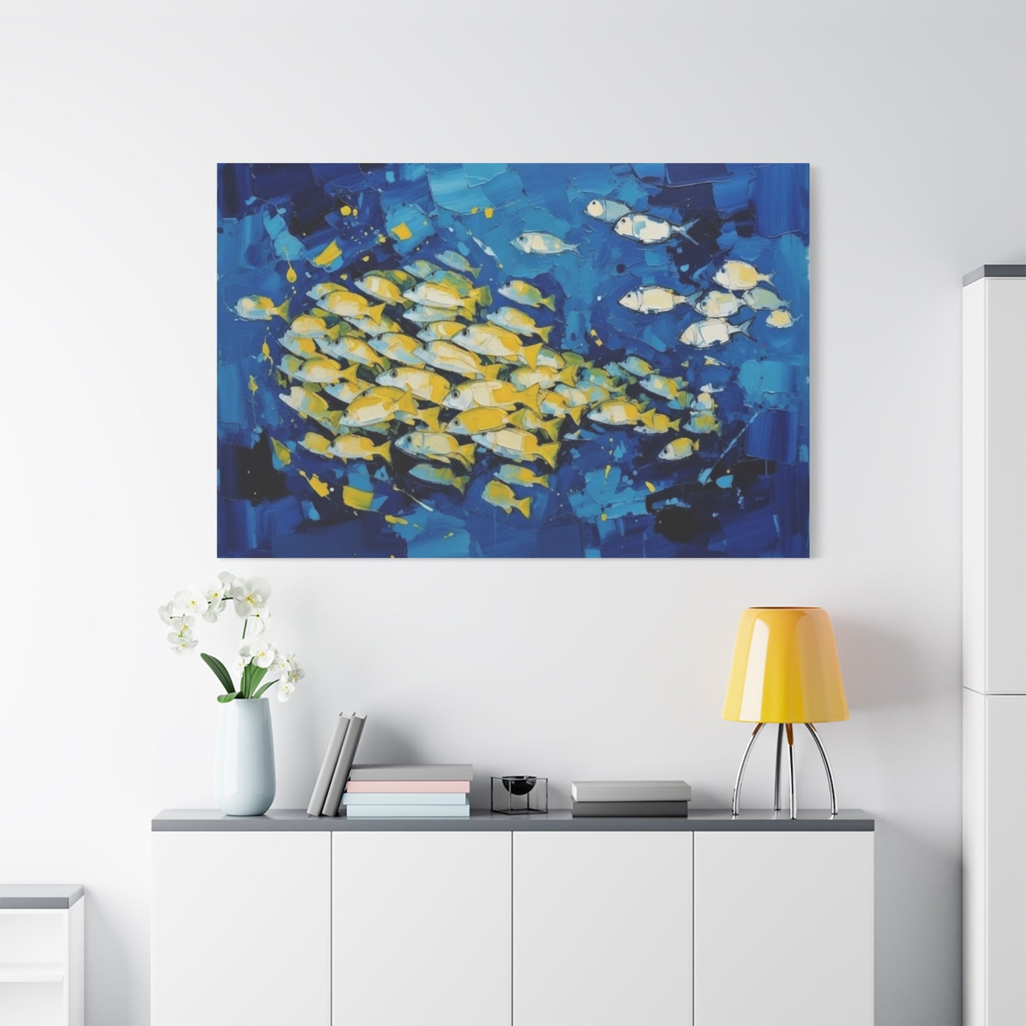 Canvas Wall Art - Blue School of Fish Matte Stretched Canvas