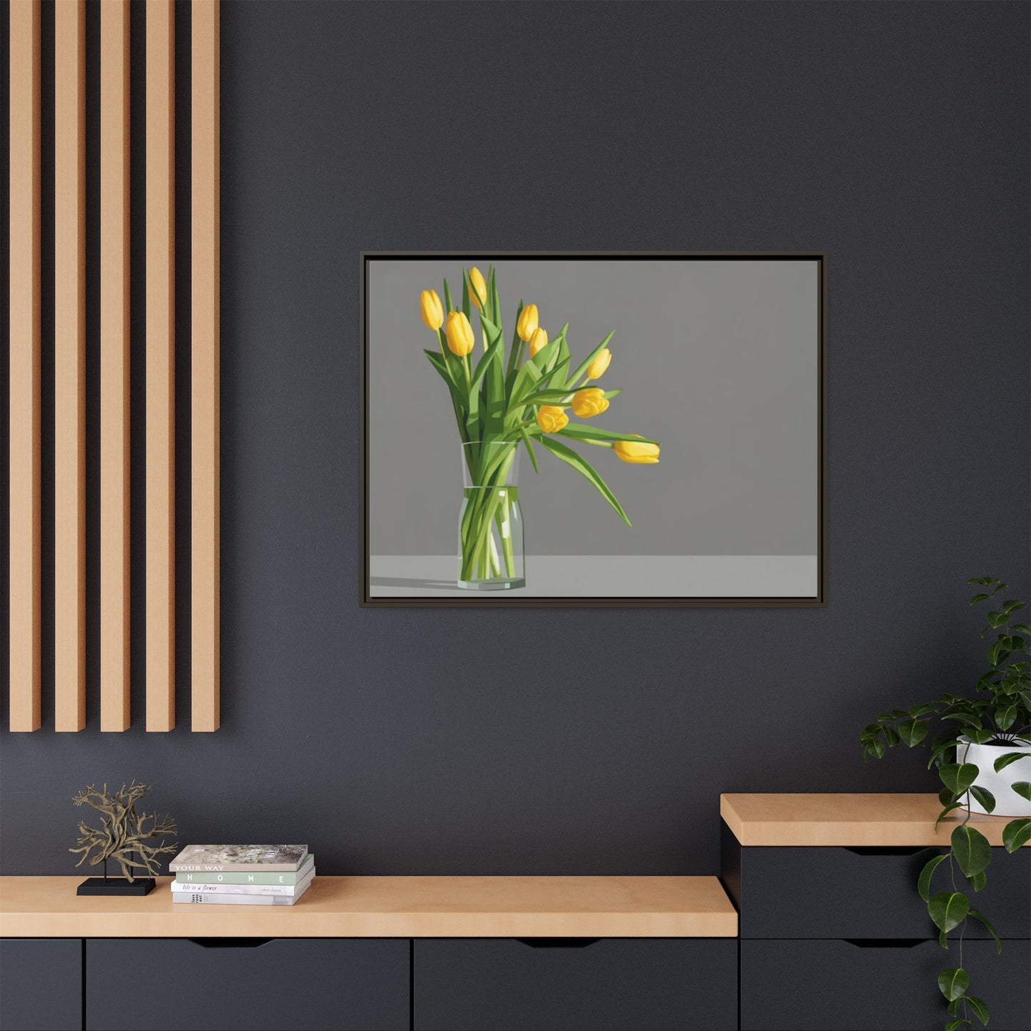 Framed Matte Canvas Art — Yellow Tulip Vase Wall Print
